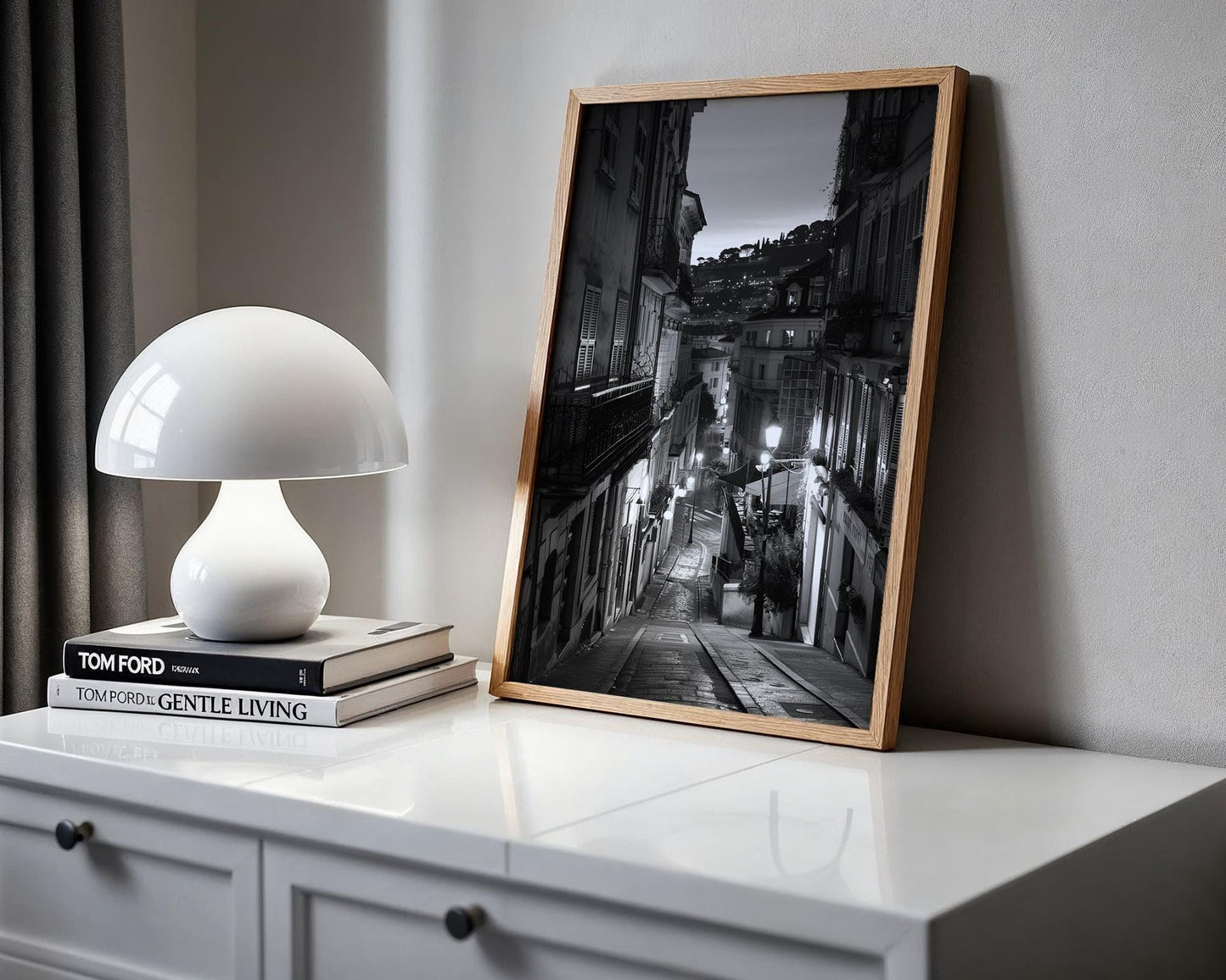 World Landmark | French Riviera Print | Old Town Street Black and White Photography black and white photo print, minimalist monochrome wall art poster for modern interiors, Monohaus
