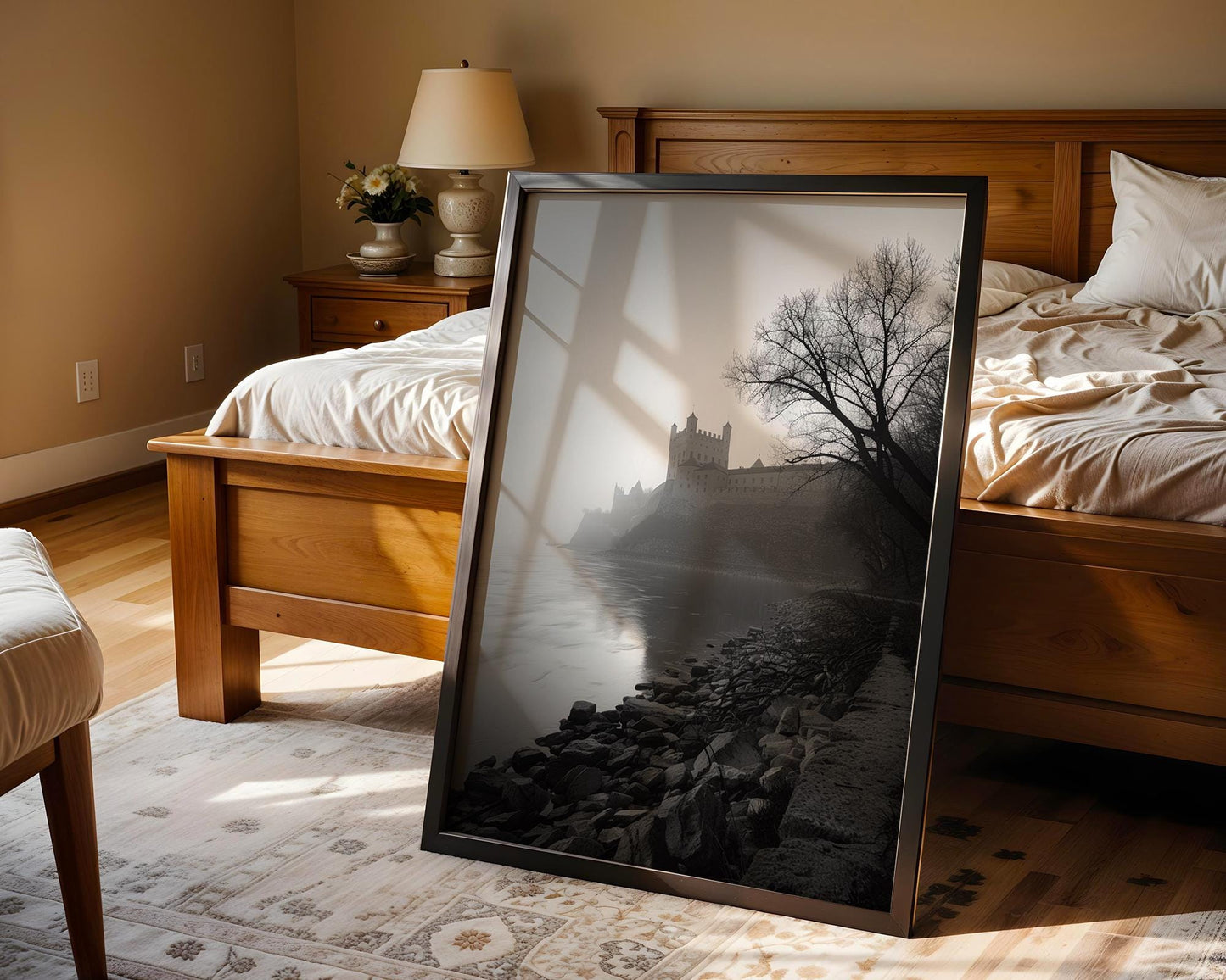 World Landmark | Castle Riverbank Photography Print | Minimalist Black and White Wall Art wall art print, minimalist black and white poster, modern Scandinavian wall decor, Monohaus