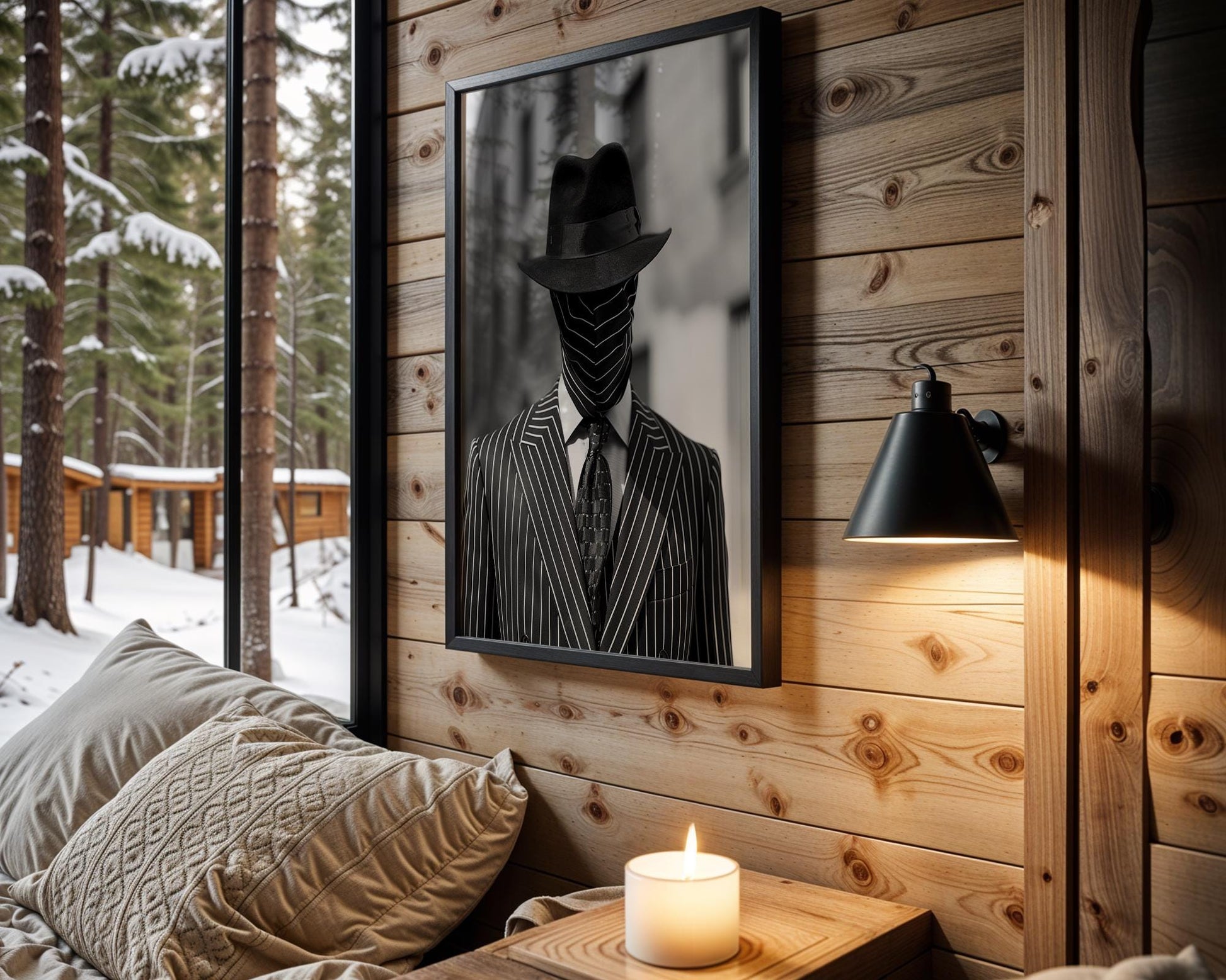 Minimal Wall Art Pinstripe Suit Man Portrait Black and White | Film Noir wall art print, minimalist black and white poster, modern Scandinavian wall decor, Monohaus