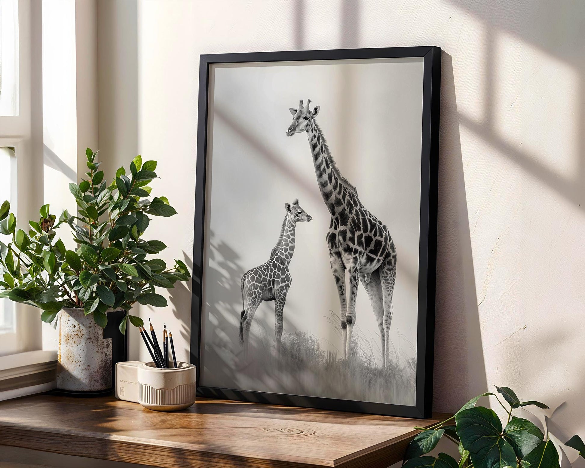 Wildlife Poster | Giraffe & Calf Print | Minimalist Black and White Photography wall art print, minimalist black and white poster, modern Scandinavian wall decor, Monohaus