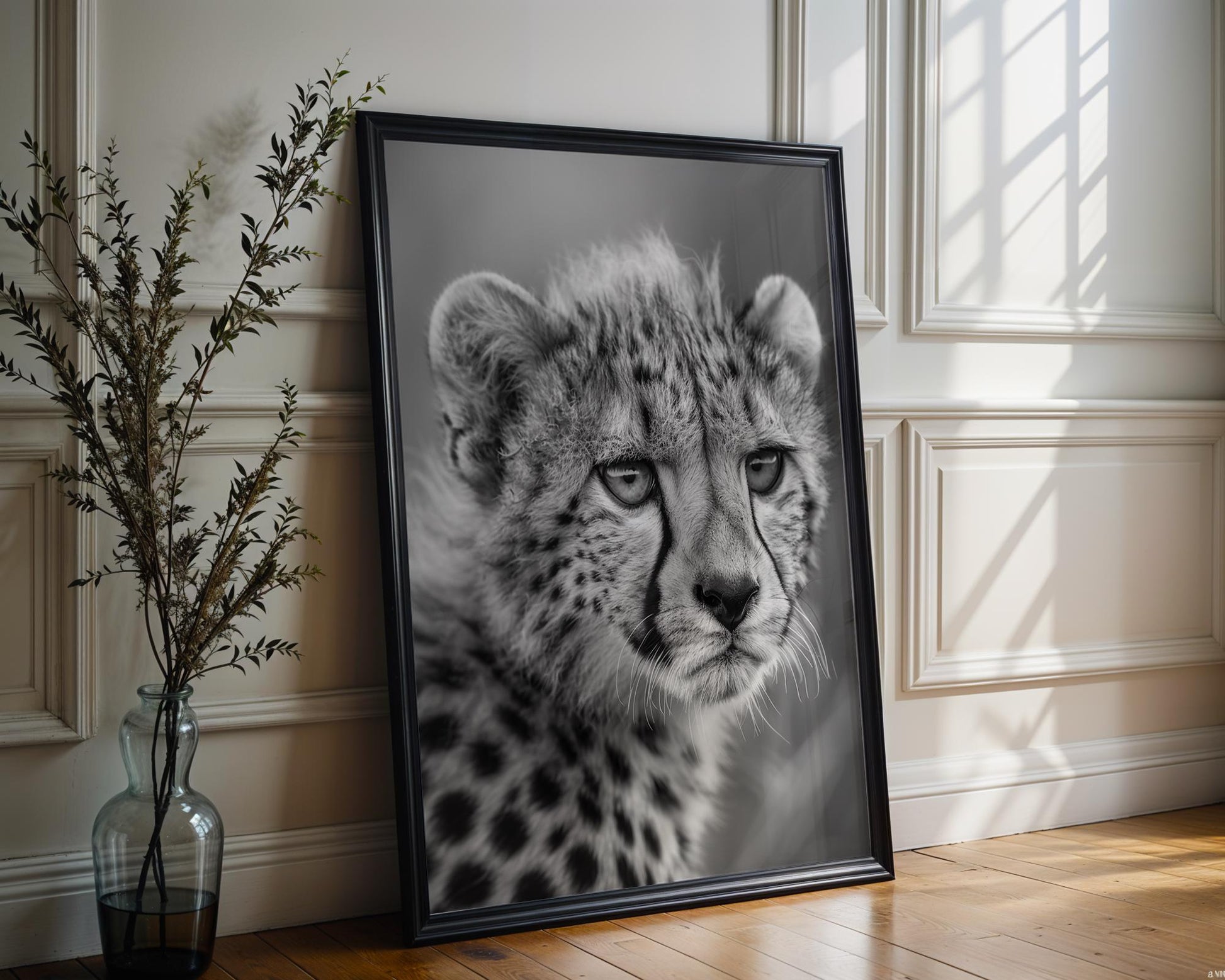 Wildlife Poster | Cheetah Close-Up Print • Black & White Safari Photography wall art print, minimalist black and white poster, modern Scandinavian wall decor, Monohaus