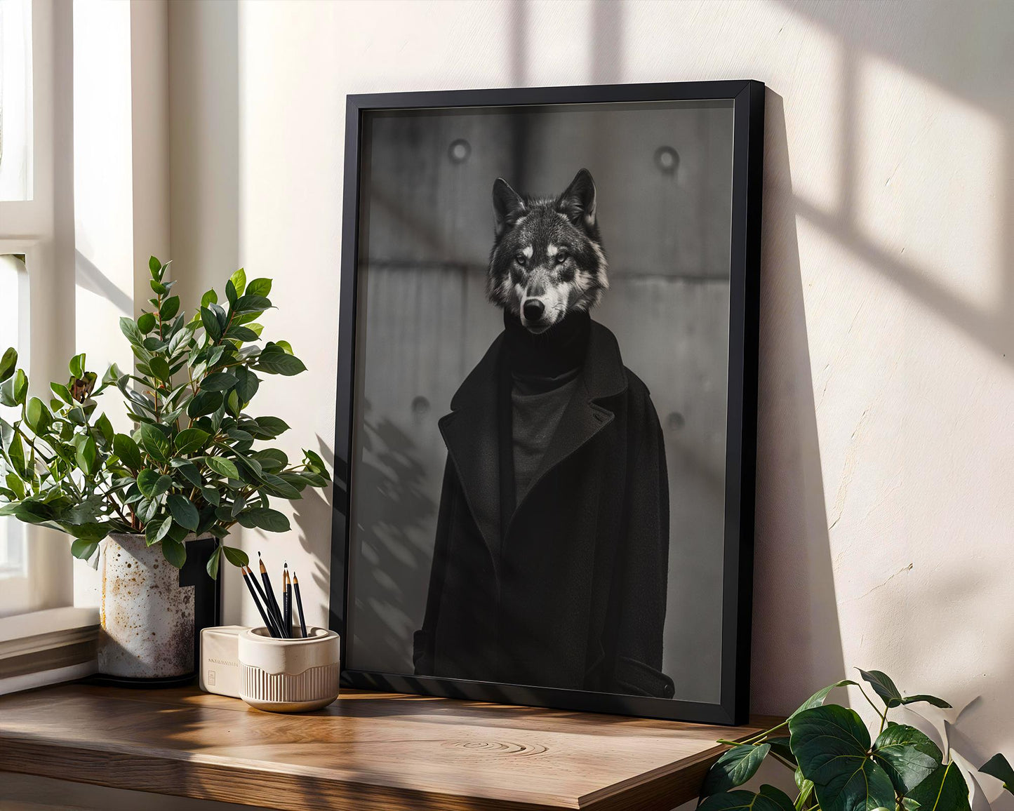 Designer Wall Art | Wolf Portrait Print | Black and White Urban Fashion Photography black and white photo print, minimalist monochrome wall art poster for modern interiors, Monohaus