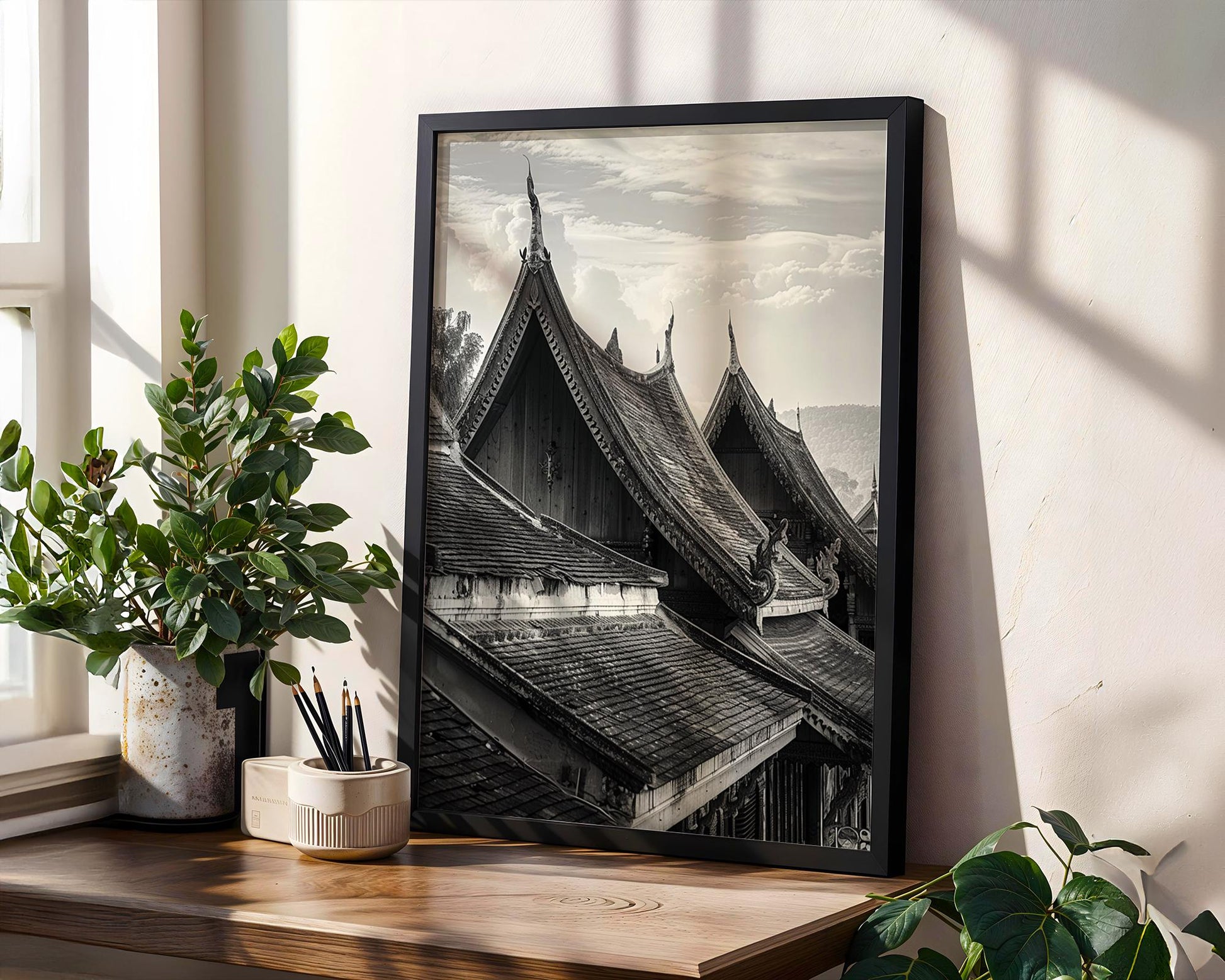 World Landmark | Laos Temple Roof Print | Luang Prabang Architecture Photography wall art print, black and white architectural poster, minimalist modern Scandinavian wall decor, Monohaus