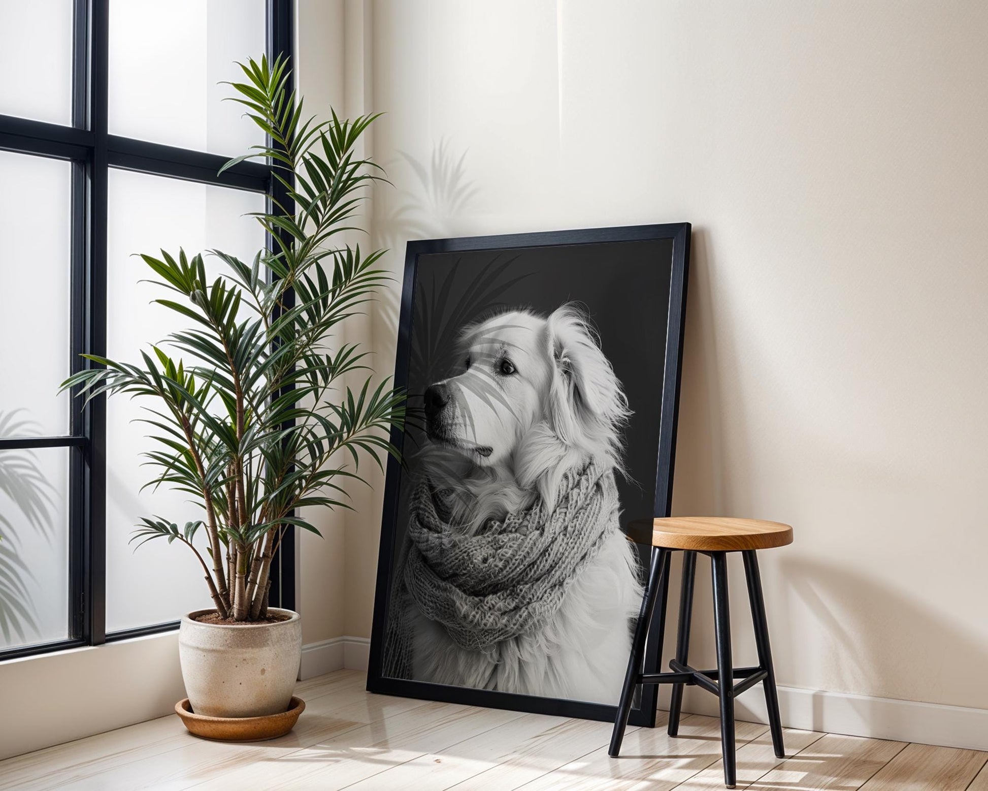 Dog Photography Pet Poster Print | Golden Retriever in Scarf, Minimalist Home Decor wall art print, minimalist black and white poster, modern Scandinavian wall decor, Monohaus