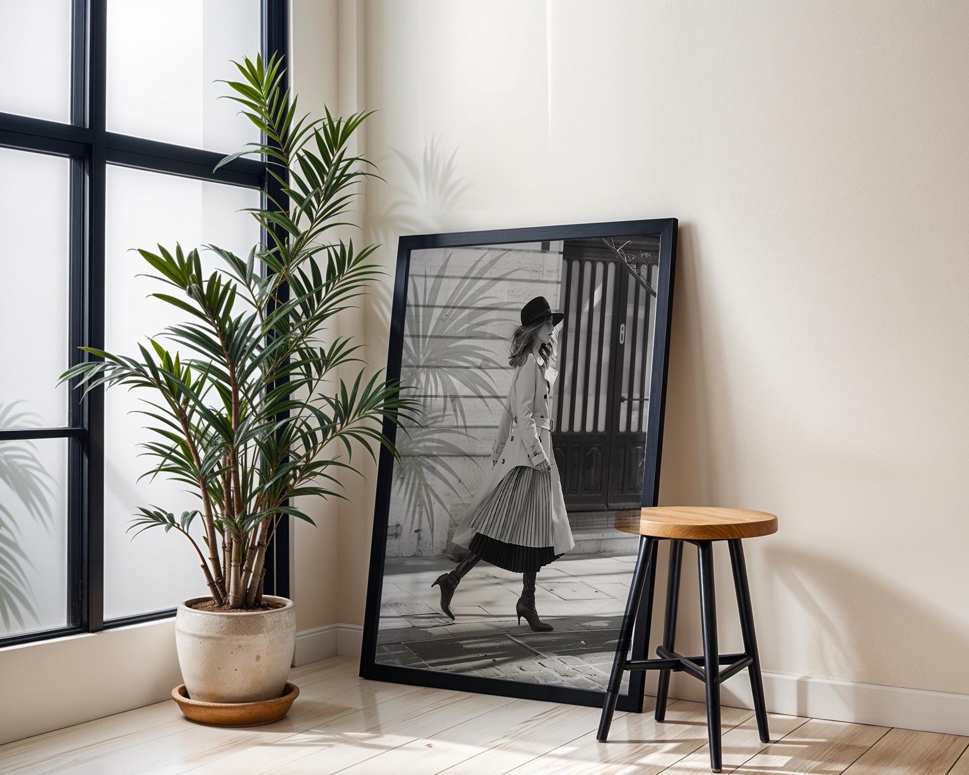 Minimal Wall Art Parisian Fashion Print | Woman in Trench Coat Photography, Elegant Home Decor wall art print, minimalist black and white poster, modern Scandinavian wall decor, Monohaus