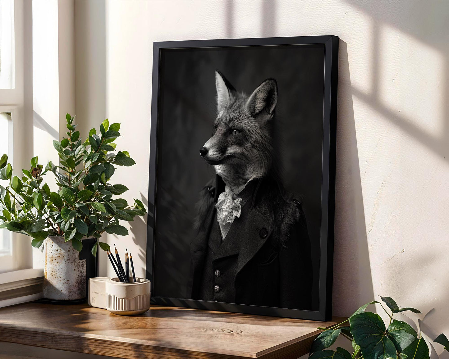 Designer Wall Art | Victorian Fox Portrait | Black & White Modern Print wall art print, minimalist black and white poster, modern Scandinavian wall decor, Monohaus