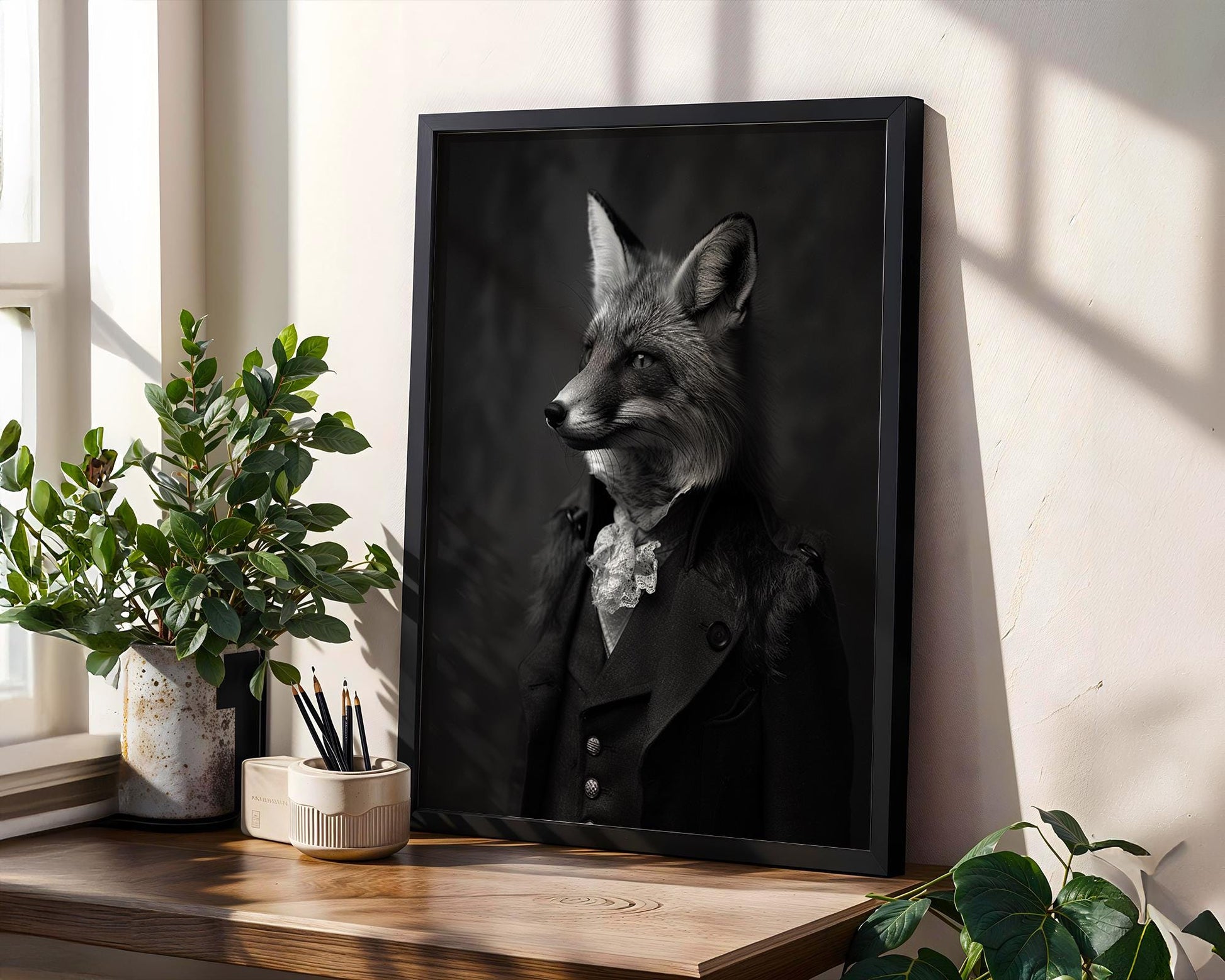 Designer Wall Art | Victorian Fox Portrait | Black & White Modern Print wall art print, minimalist black and white poster, modern Scandinavian wall decor, Monohaus