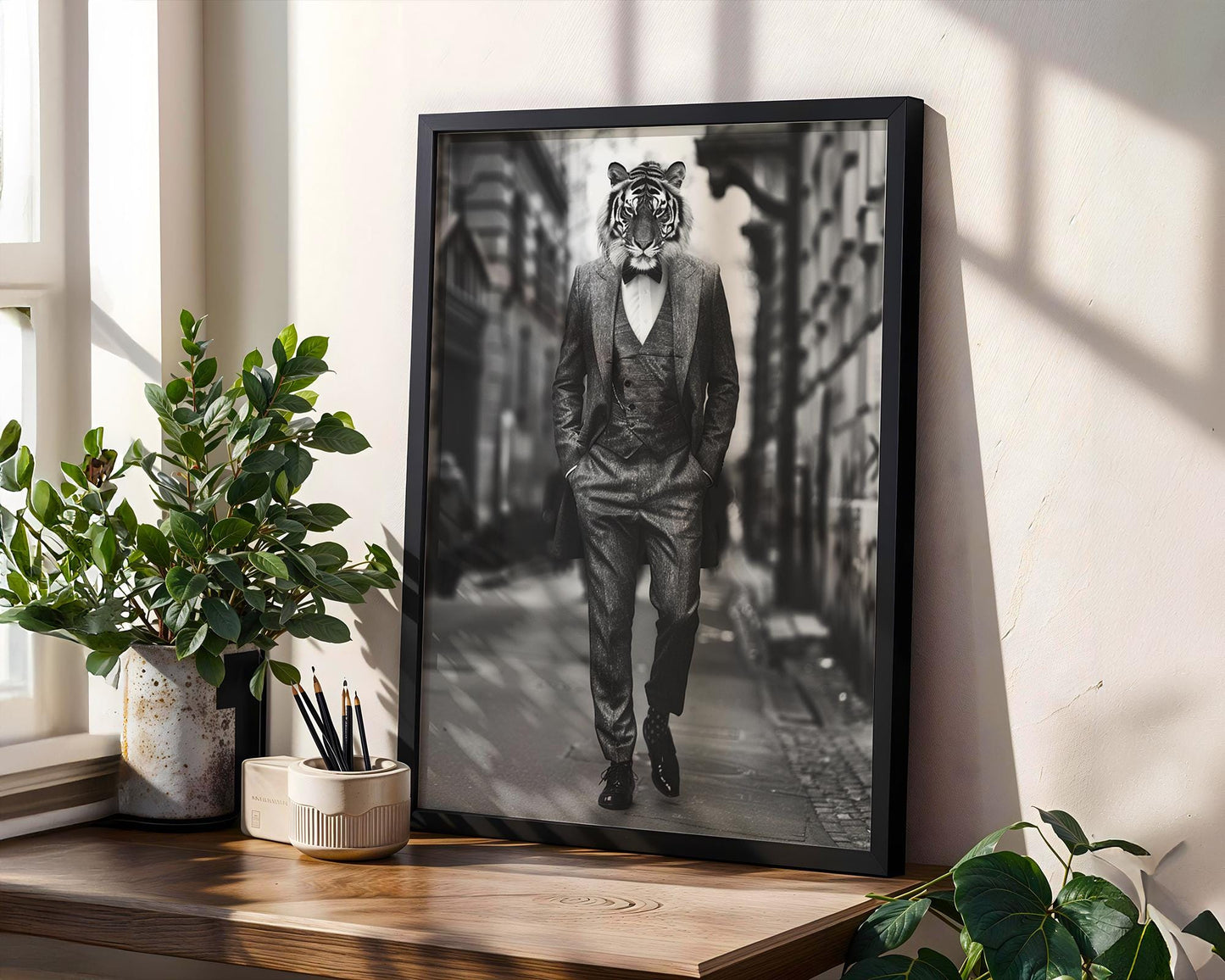 Designer Wall Art | Tiger Print in Full Tweed Suit | Black and White Photography wall art print, minimalist black and white poster, modern Scandinavian wall decor, Monohaus