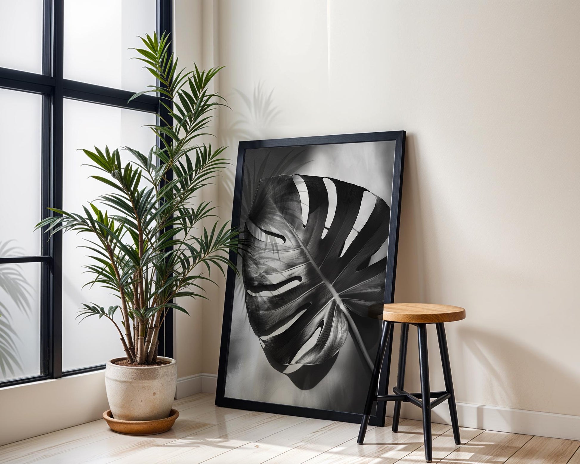 Botanical Photo | Dark Monstera Leaf Print | Moody Black and White Tropical Foliage wall art print, minimalist black and white poster, modern Scandinavian wall decor, Monohaus
