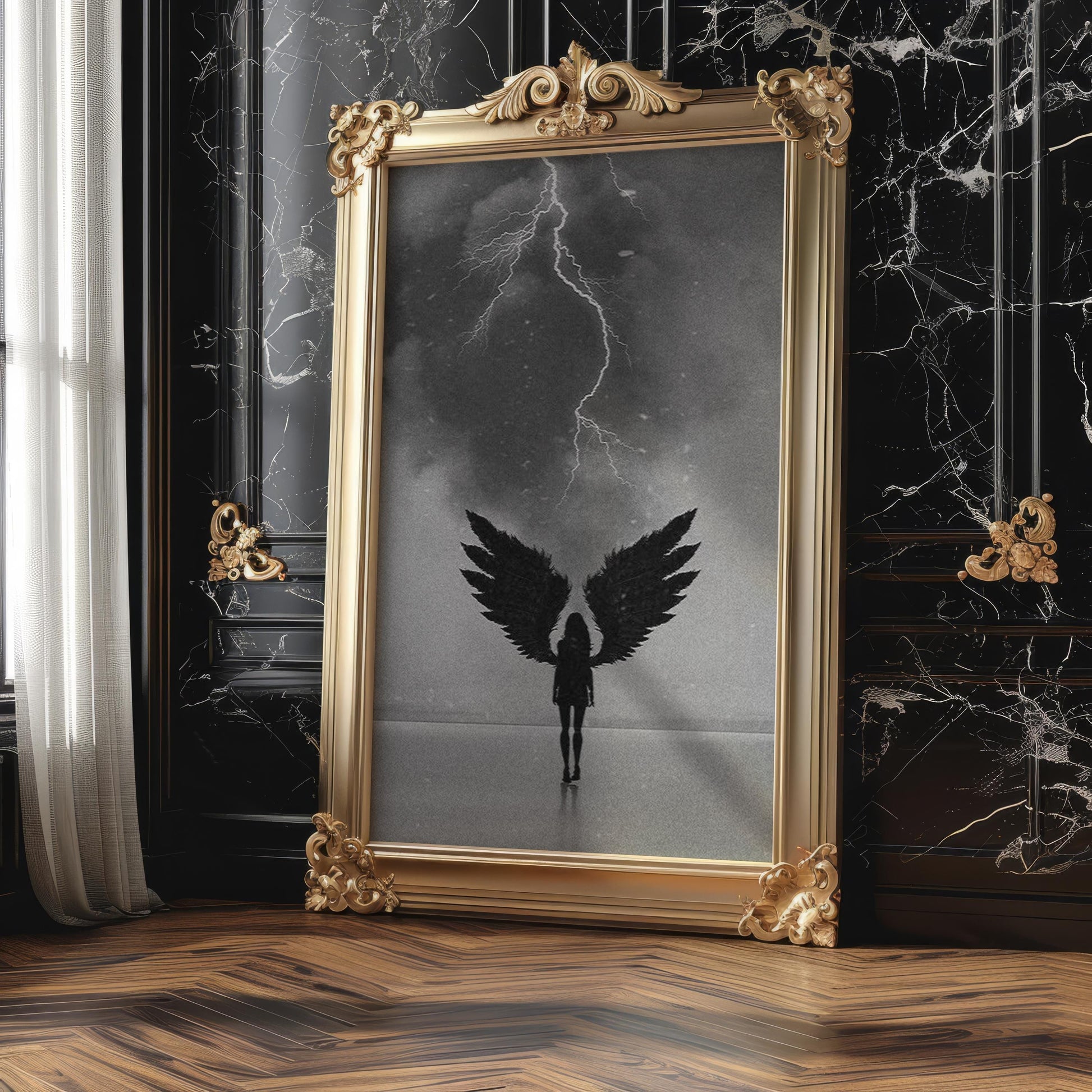 Dark Angel Print | Black & White Lightning Photography, Surreal Wall Art wall art print, minimalist black and white poster, modern Scandinavian wall decor, Monohaus