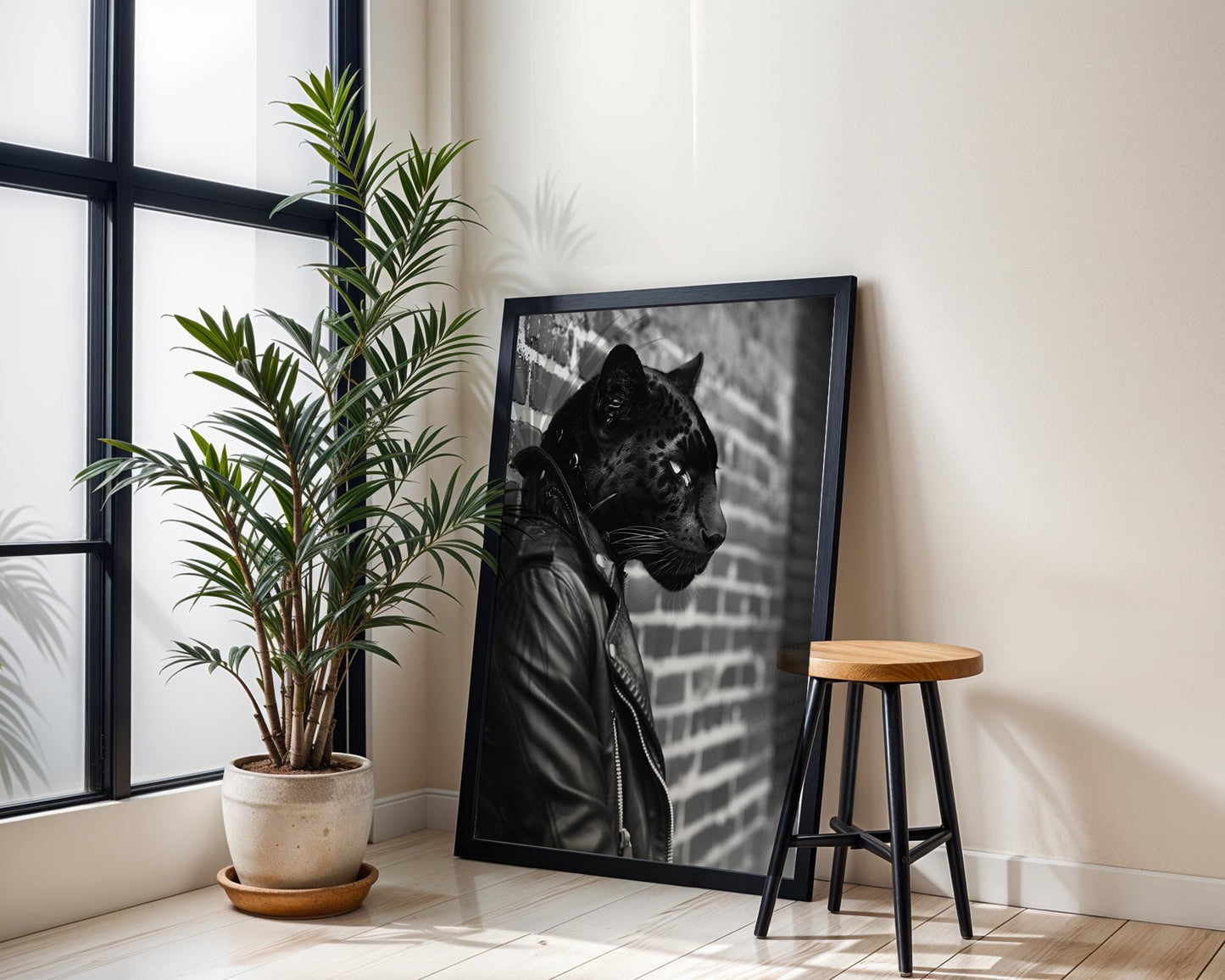 Black Panther Leather Jacket Print | Bold Animal Portrait, Urban Wall Art black and white photo print, minimalist monochrome wall art poster for modern interiors, Monohaus