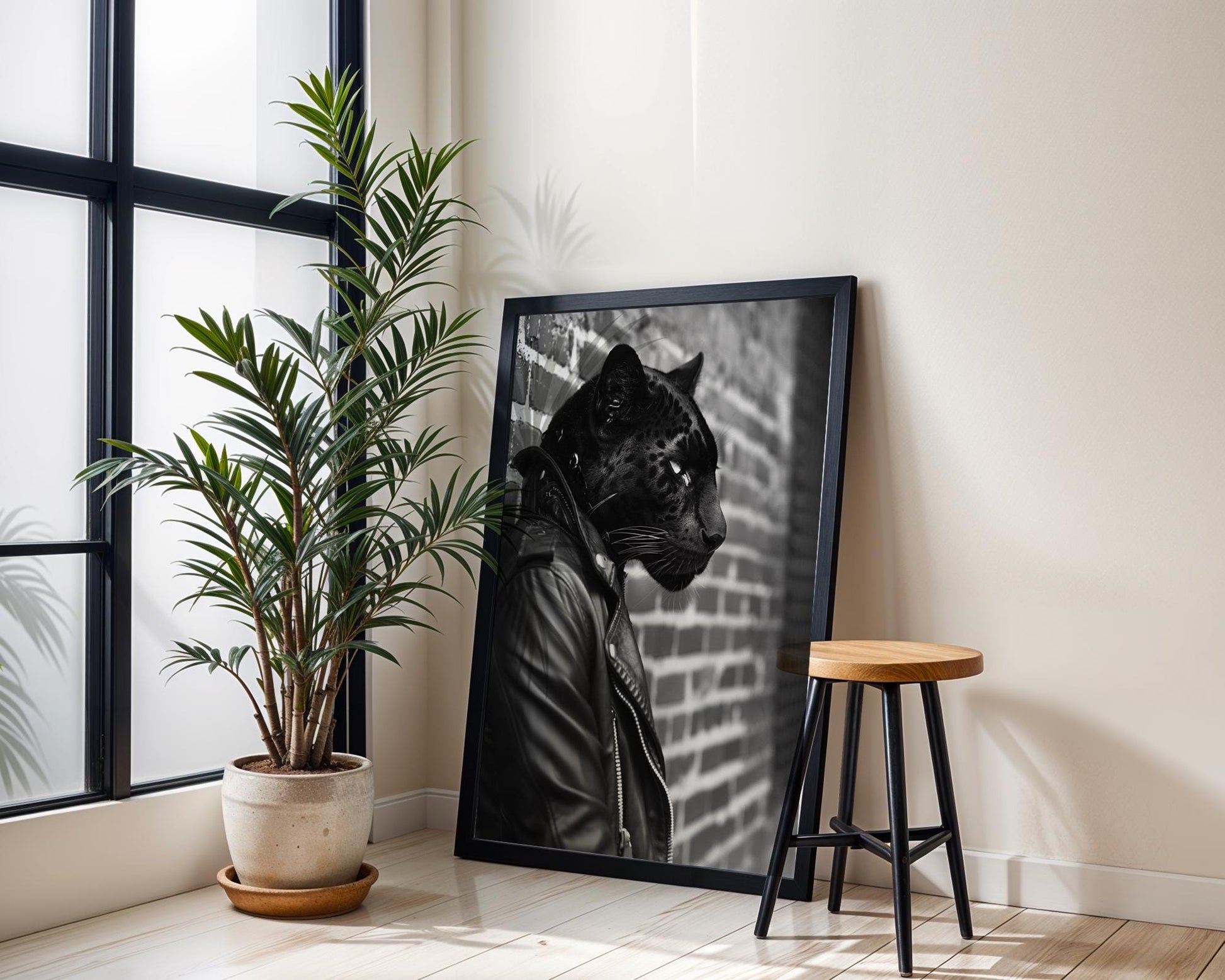 Black Panther Leather Jacket Print | Bold Animal Portrait, Urban Wall Art black and white photo print, minimalist monochrome wall art poster for modern interiors, Monohaus