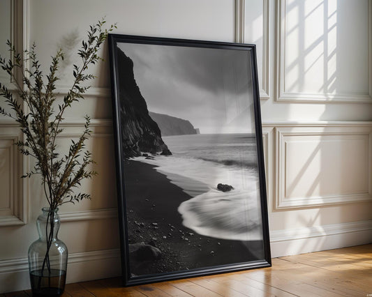 World Landmark | Black Sand Beach Print | Iceland Monochrome Landscape Photography wall art print, minimalist black and white poster, modern Scandinavian wall decor, Monohaus