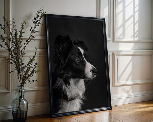 Dog Photography Border Collie Print | Black and White Pet Portrait, Modern Pet Home Decor wall art print, minimalist black and white poster, modern Scandinavian wall decor, Monohaus
