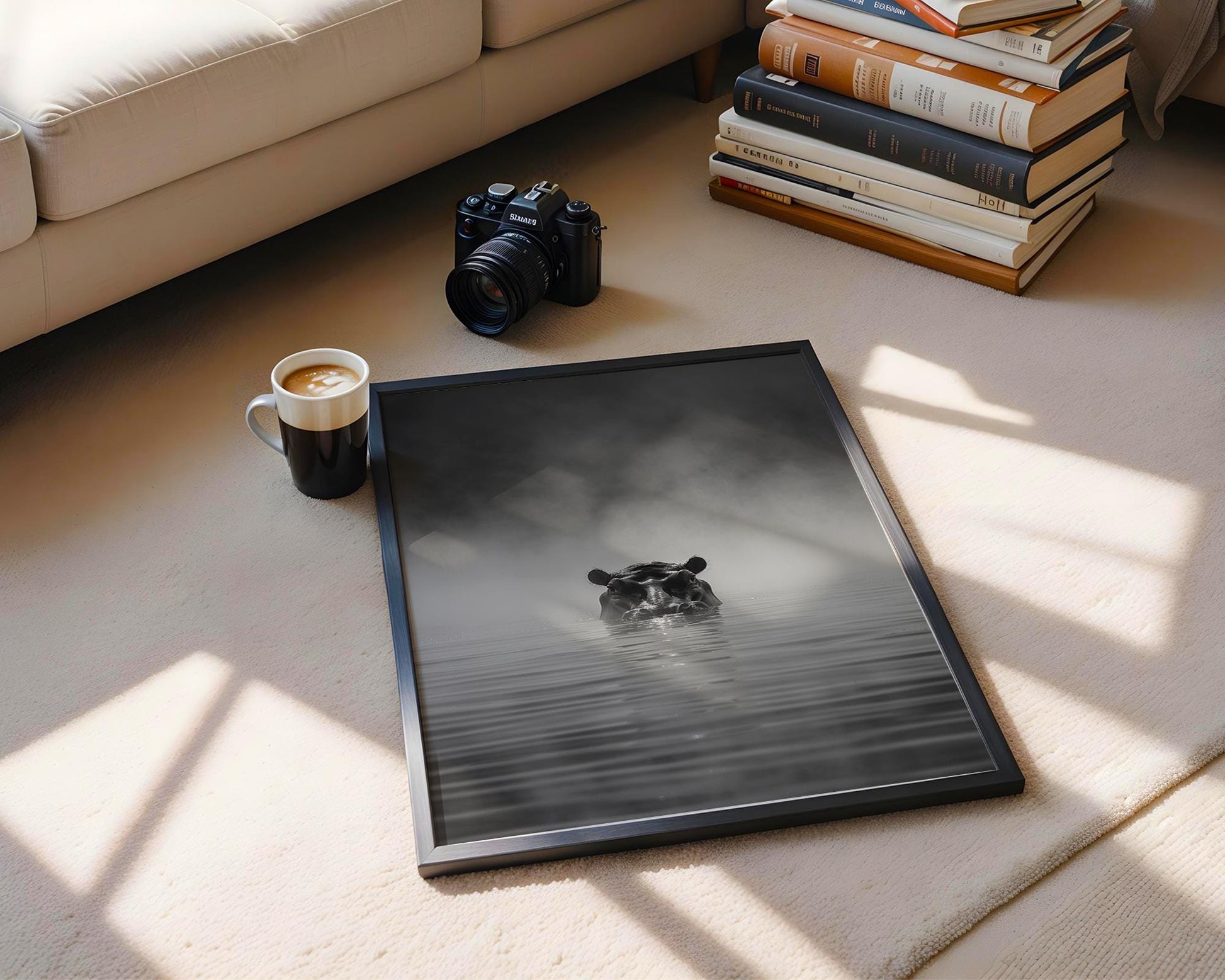 Wildlife Poster | Hippo in Mist Art Print | Minimalist Black & White Photography wall art print, minimalist black and white poster, modern Scandinavian wall decor, Monohaus