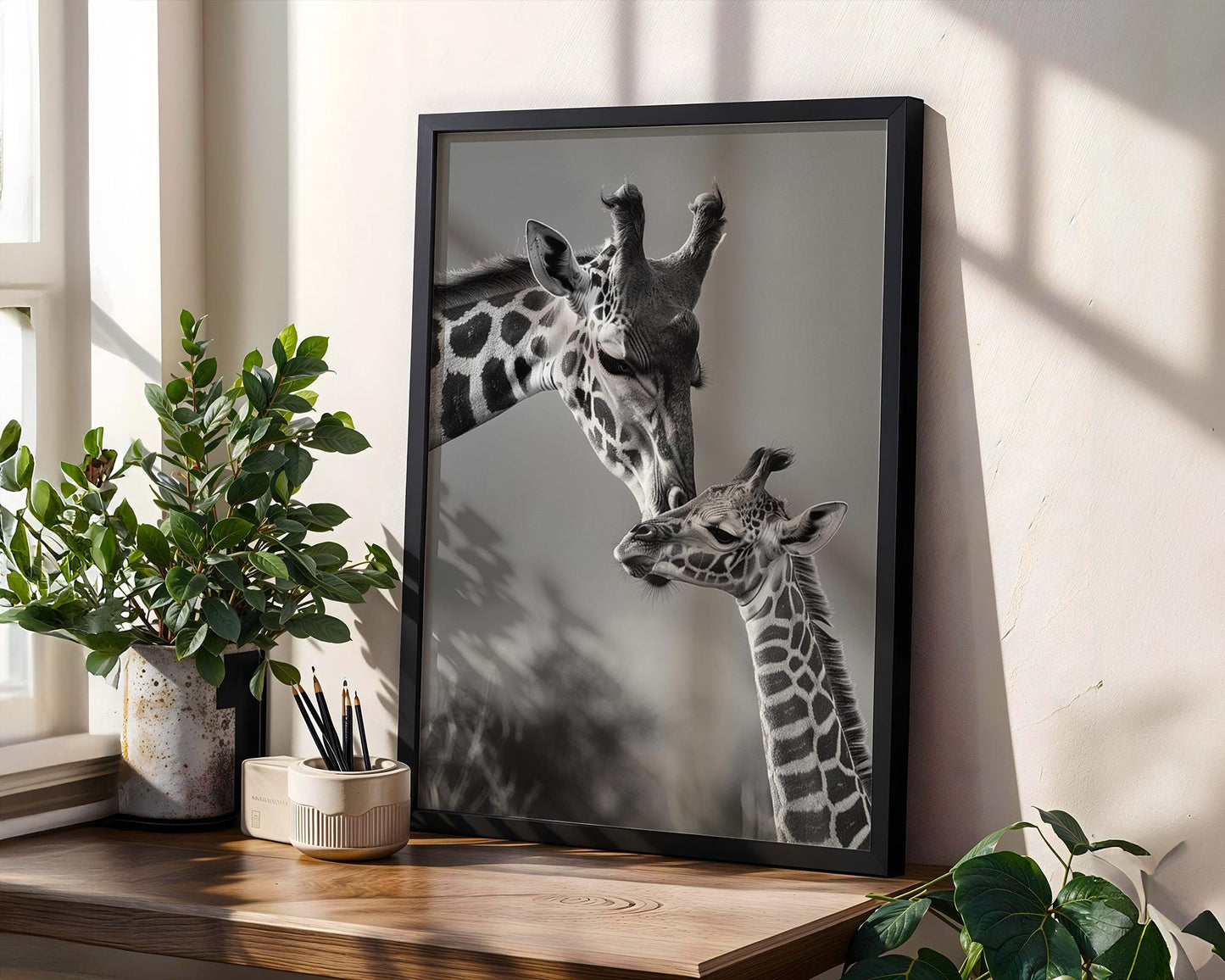 Wildlife Poster | Giraffe Mother & Calf Print • Minimalist Black and White Safari Wall Art wall art print, minimalist black and white poster, modern Scandinavian wall decor, Monohaus