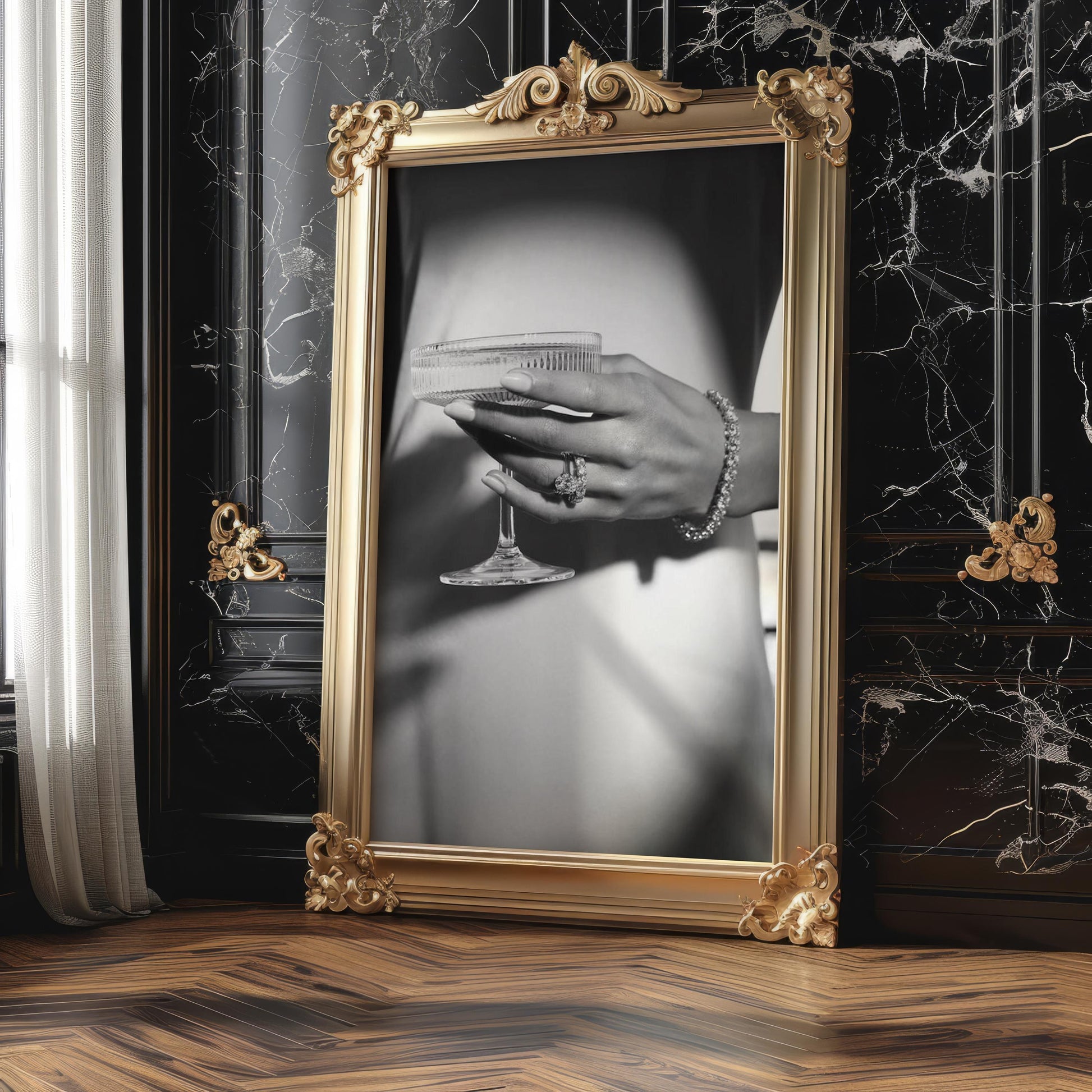 Designer Wall Art | Champagne Coupe Print | Glamour Jewelry, Black and White Photography wall art print, minimalist black and white poster, modern Scandinavian wall decor, Monohaus