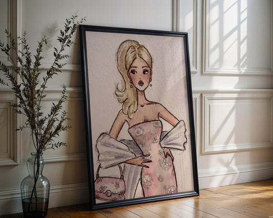Designer Wall Art | Blonde Fashion Girl Print | Retro Pink Dress wall art print, minimalist black and white poster, modern Scandinavian wall decor, Monohaus