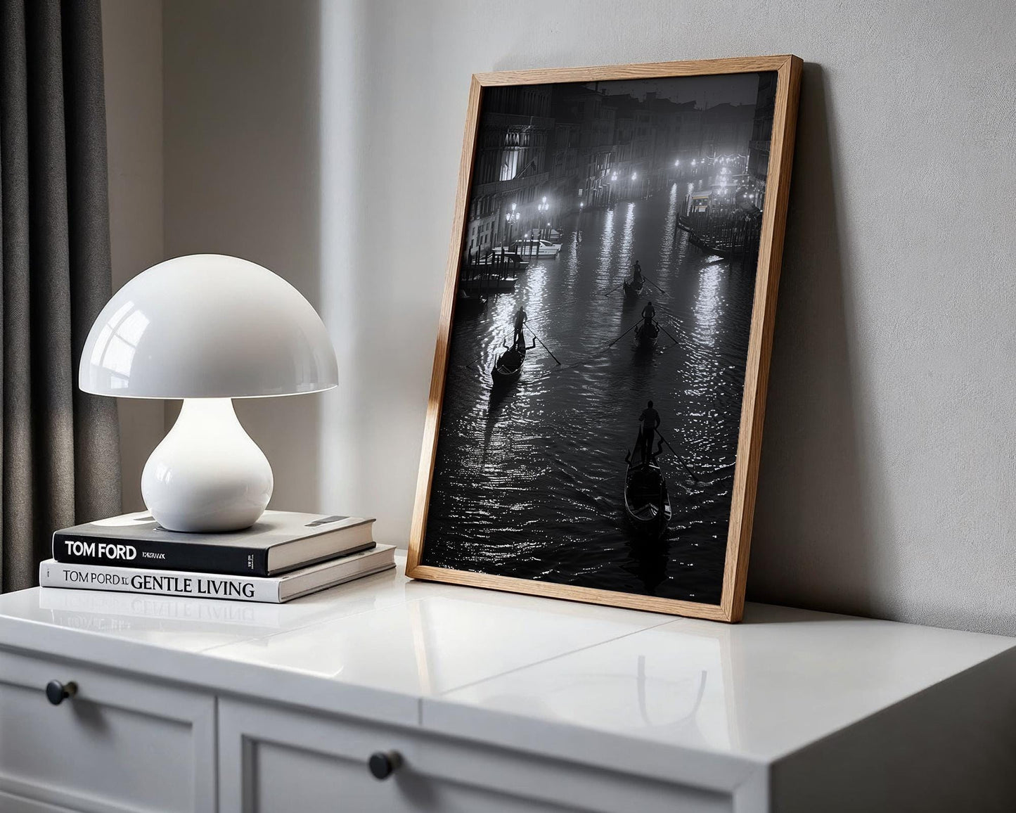 World Landmark | Venice Gondolas Night Print | Grand Canal Black and White Photography wall art print, minimalist black and white poster, modern Scandinavian wall decor, Monohaus