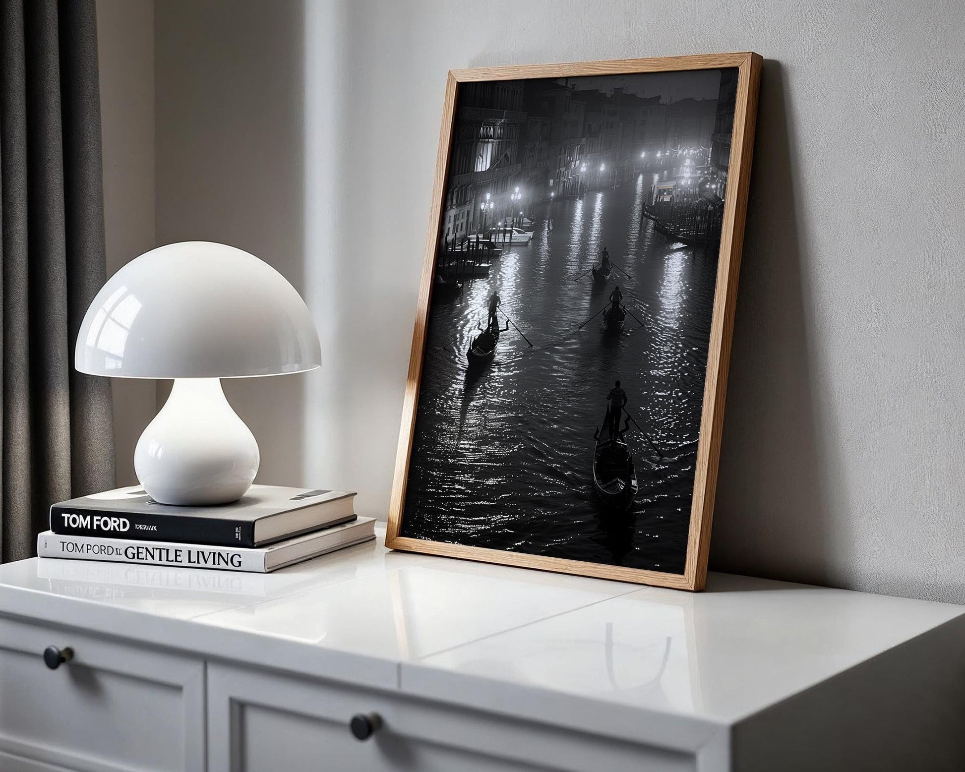 World Landmark | Venice Gondolas Night Print | Grand Canal Black and White Photography wall art print, minimalist black and white poster, modern Scandinavian wall decor, Monohaus