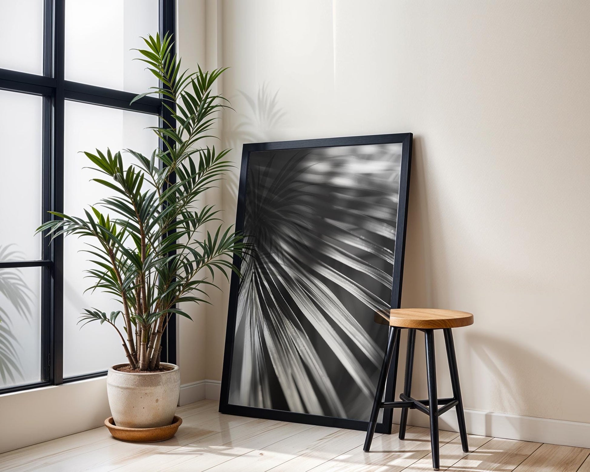 Botanical Photo | Black and White Palm Leaf Print | Minimalist Nature Wall Art wall art print, minimalist black and white poster, modern Scandinavian wall decor, Monohaus