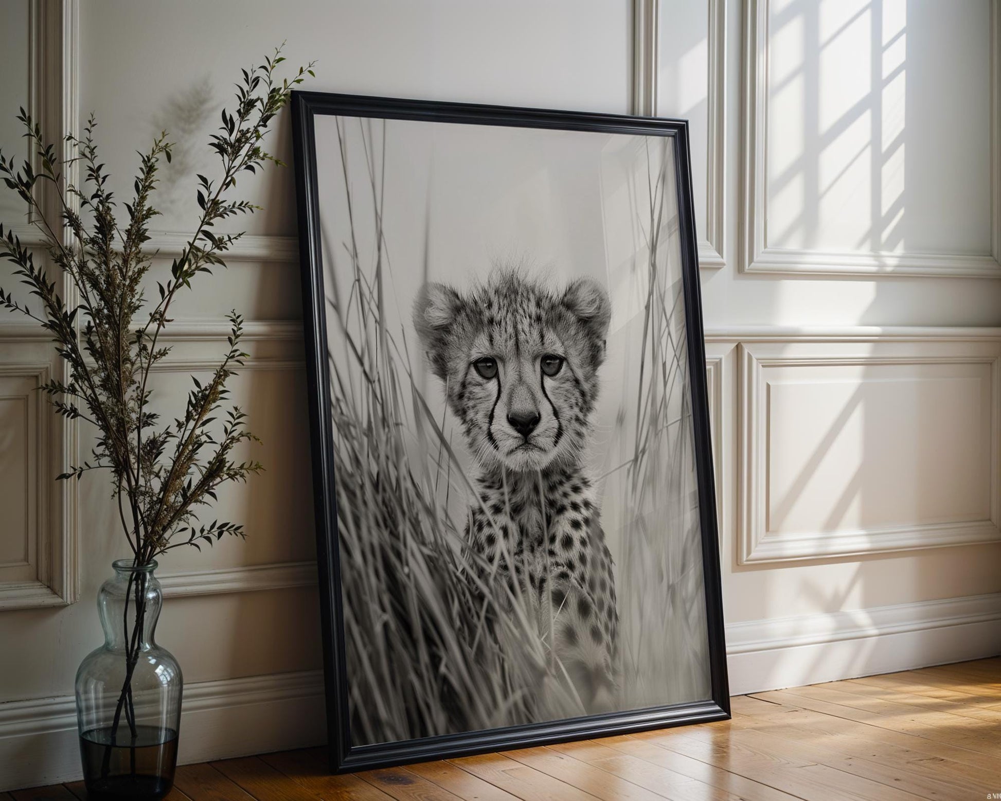Wildlife Poster | Cheetah Cub Portrait | Minimalist  Fine Art Print wall art print, minimalist black and white poster, modern Scandinavian wall decor, Monohaus