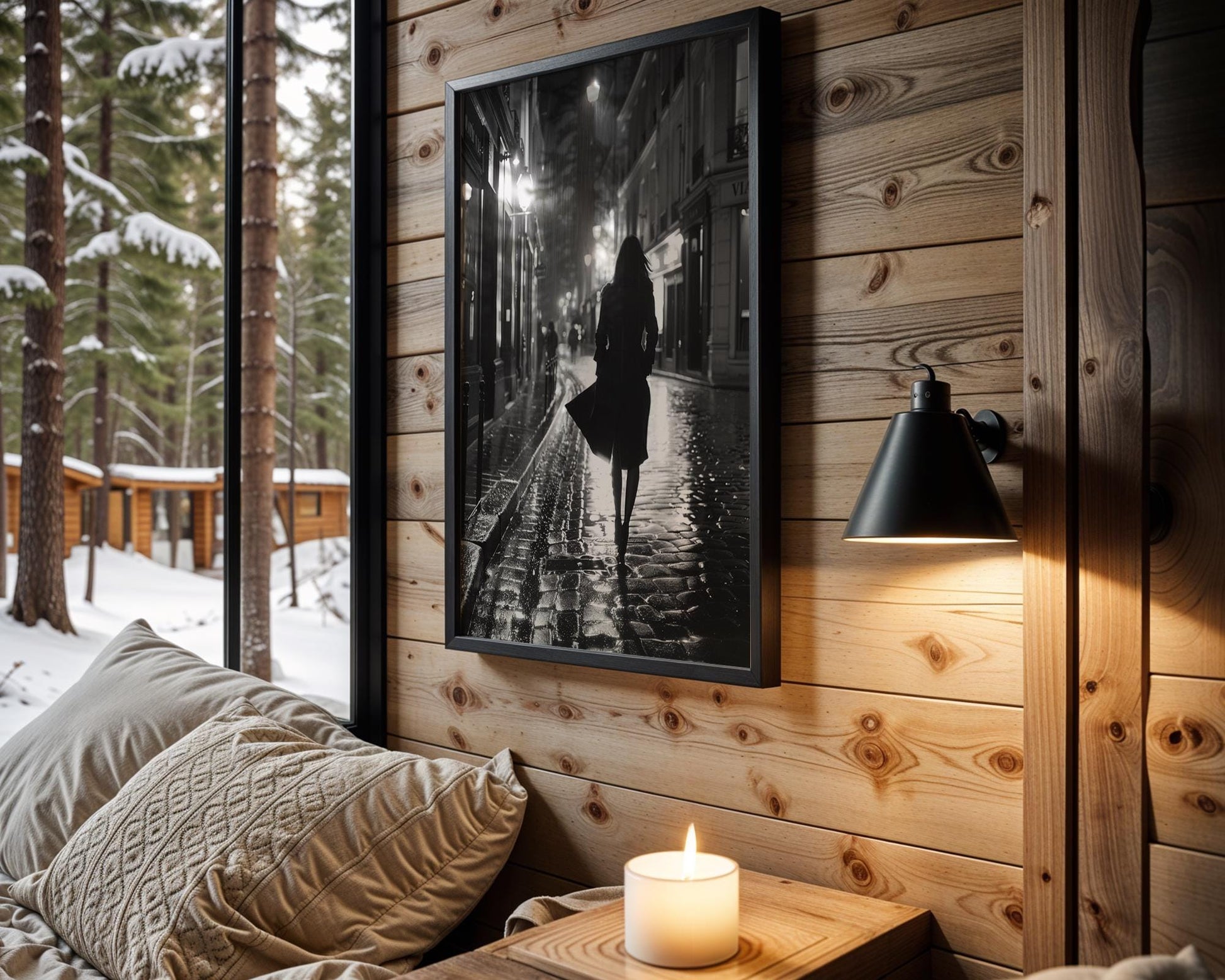 Urban Photography | Paris Street Photography Print | Noir Fine Art, Woman Walking at Night black and white photo print, minimalist monochrome wall art poster for modern interiors, Monohaus