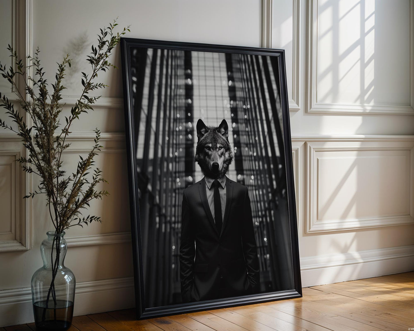 Designer Wall Art | Black and White Surreal Photography | Wolf Head in Suit wall art print, minimalist black and white poster, modern Scandinavian wall decor, Monohaus