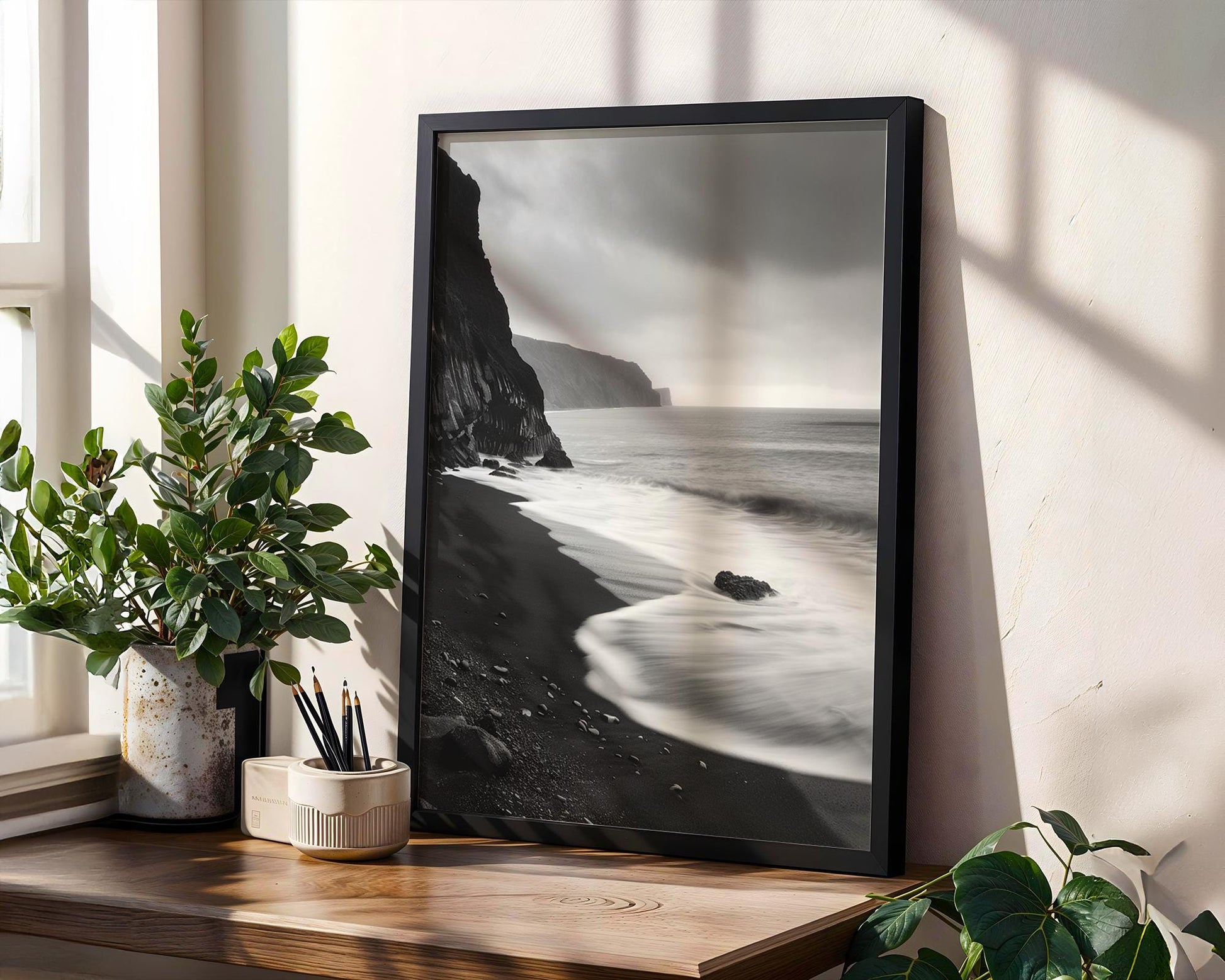 World Landmark | Black Sand Beach Print | Iceland Monochrome Landscape Photography wall art print, minimalist black and white poster, modern Scandinavian wall decor, Monohaus