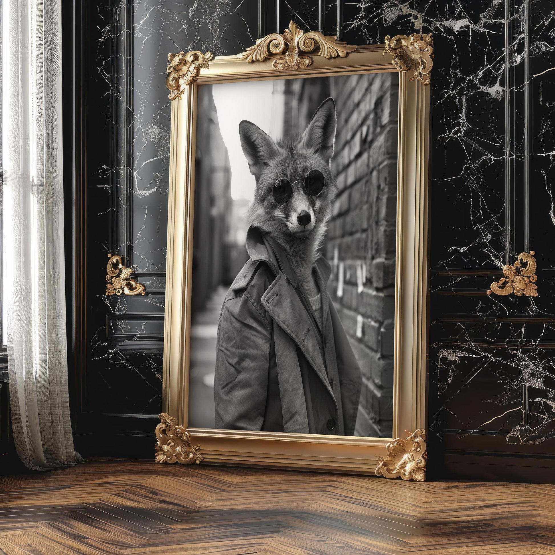 Designer Wall Art | Fox with Sunglasses Art Print | Black and White Animal Portrait wall art print, minimalist black and white poster, modern Scandinavian wall decor, Monohaus