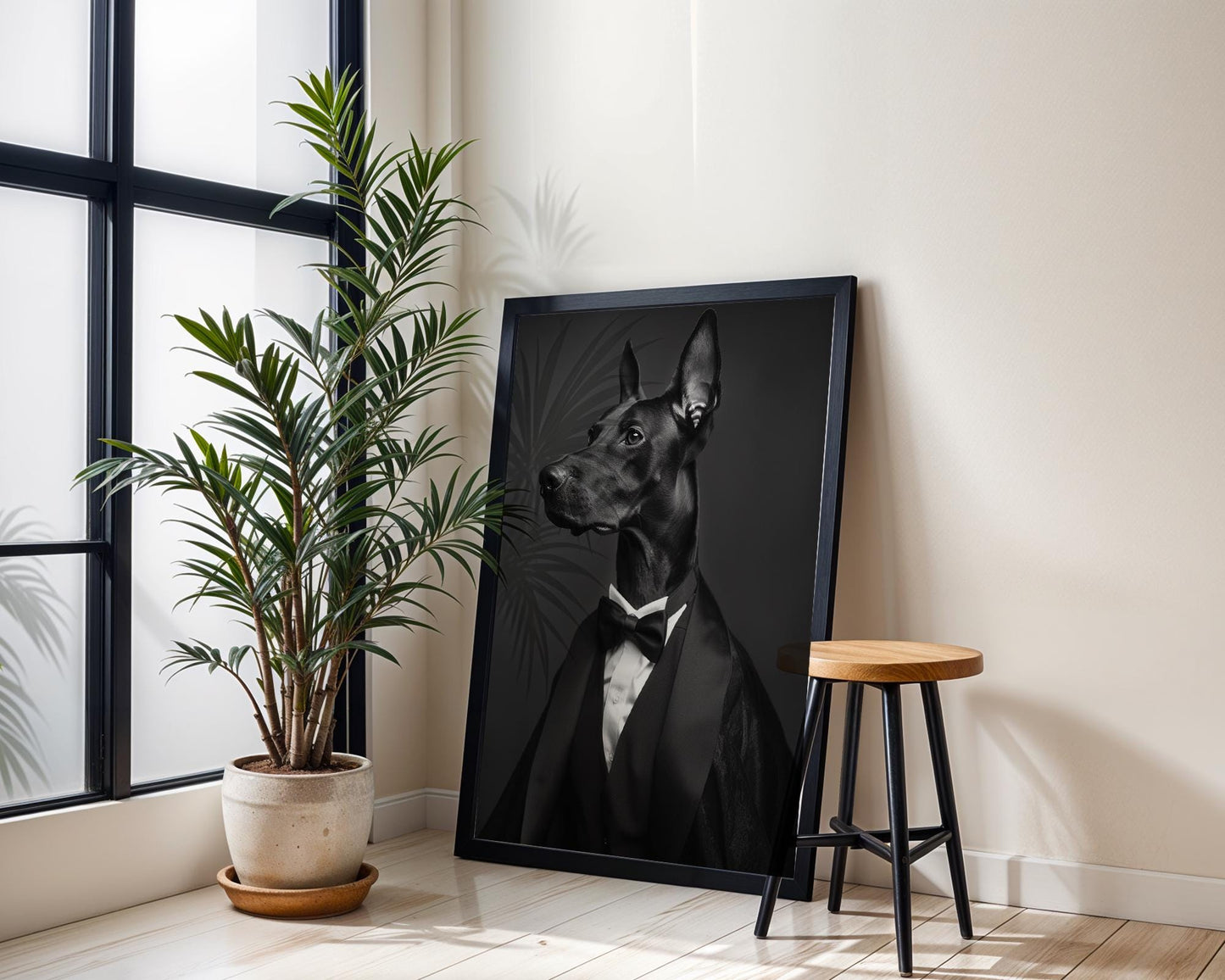 Dog Photography Doberman in Tuxedo Art Print | Formal Pet Portrait wall art print, minimalist black and white poster, modern Scandinavian wall decor, Monohaus