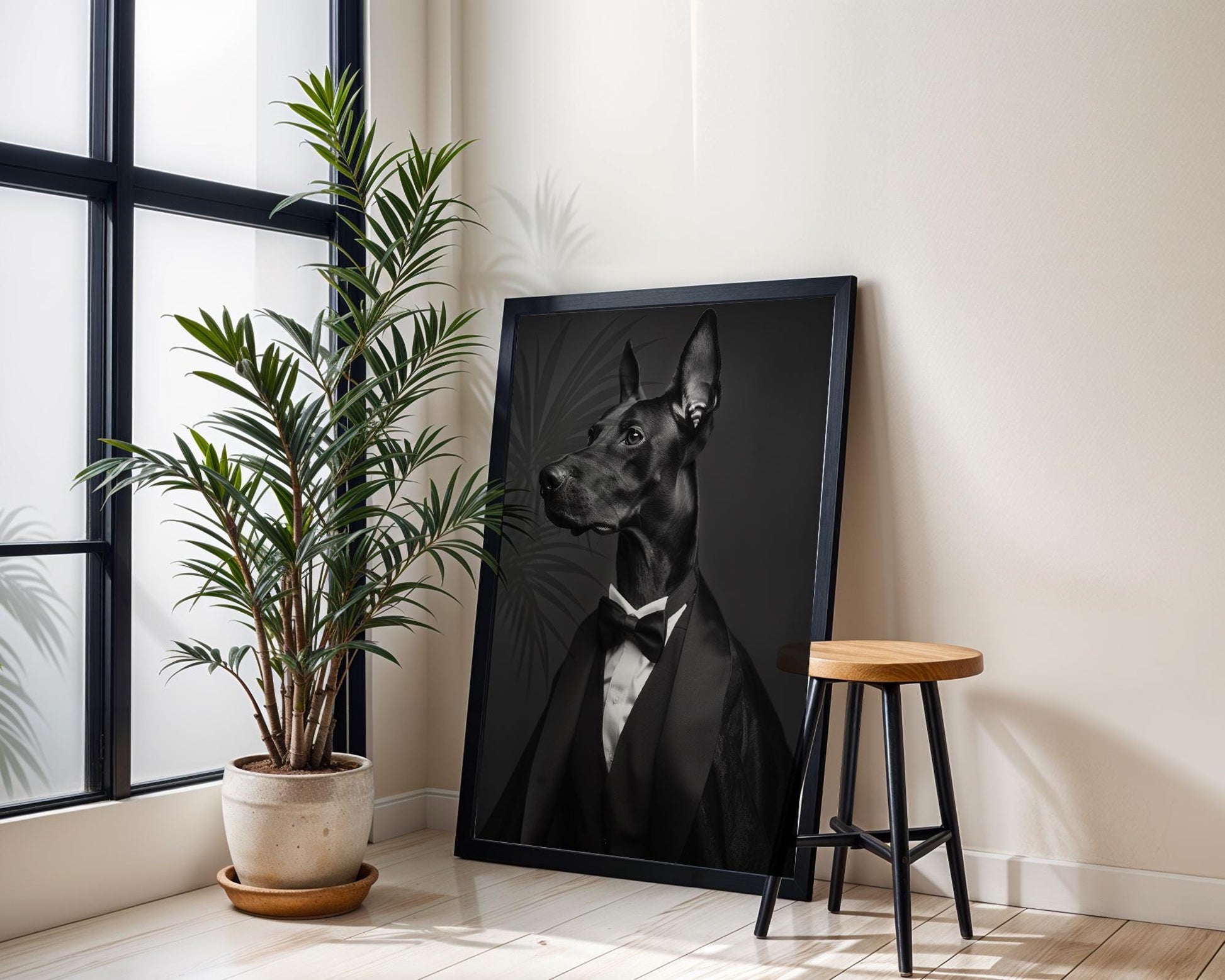 Dog Photography Doberman in Tuxedo Art Print | Formal Pet Portrait wall art print, minimalist black and white poster, modern Scandinavian wall decor, Monohaus