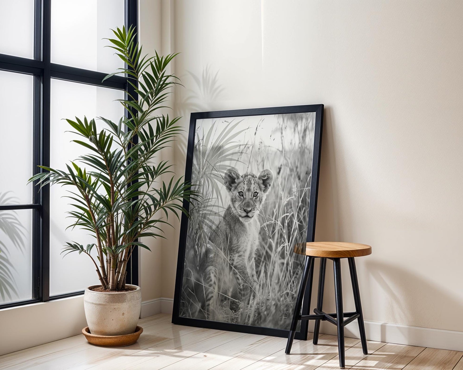 Wildlife Poster | Lion Cub Print | Black & White Safari Photography Wall Art wall art print, minimalist black and white poster, modern Scandinavian wall decor, Monohaus