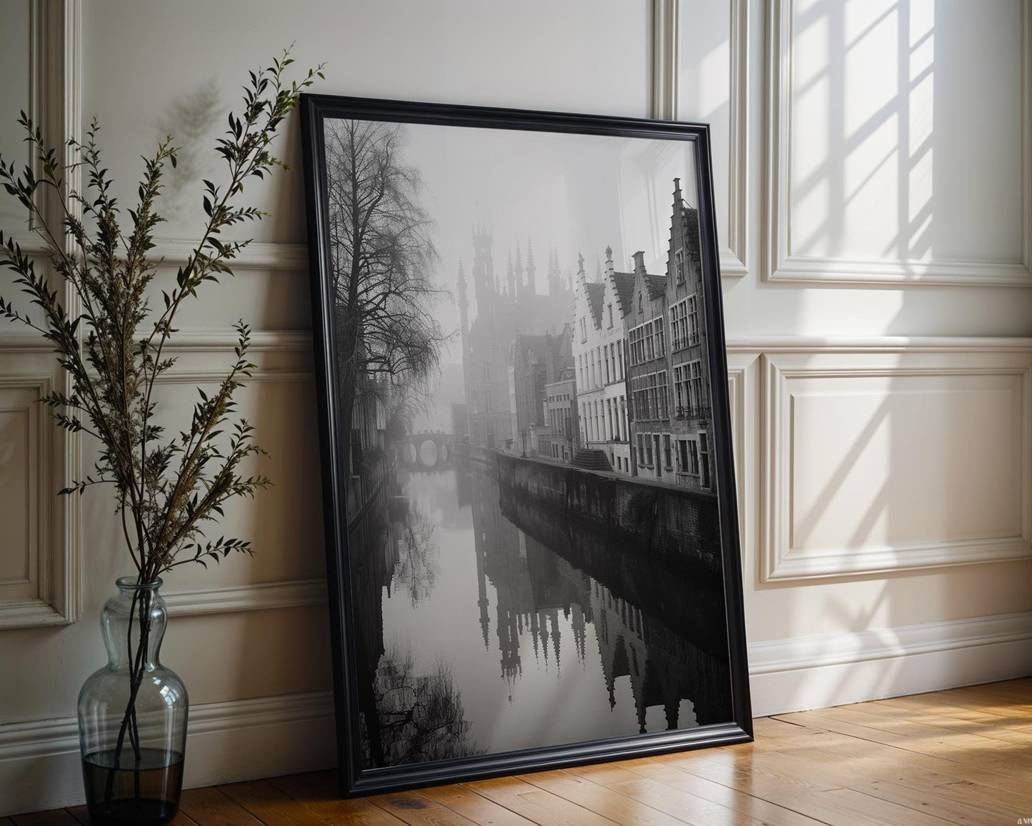 World Landmark | Bruges Belgium Photography Print | Black and White Canal Reflection wall art print, minimalist black and white poster, modern Scandinavian wall decor, Monohaus