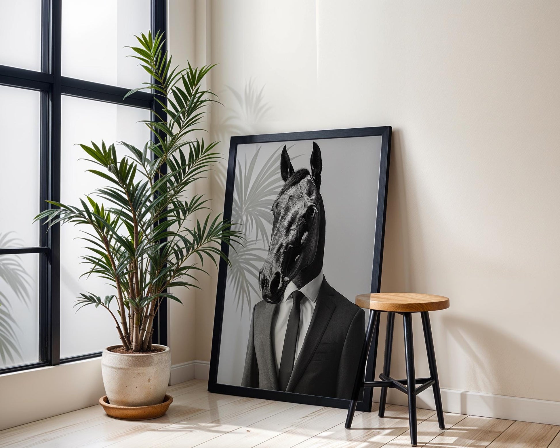 Horse Head in Suit Print | Surreal Equestrian Wall Art wall art print, minimalist black and white poster, modern Scandinavian wall decor, Monohaus