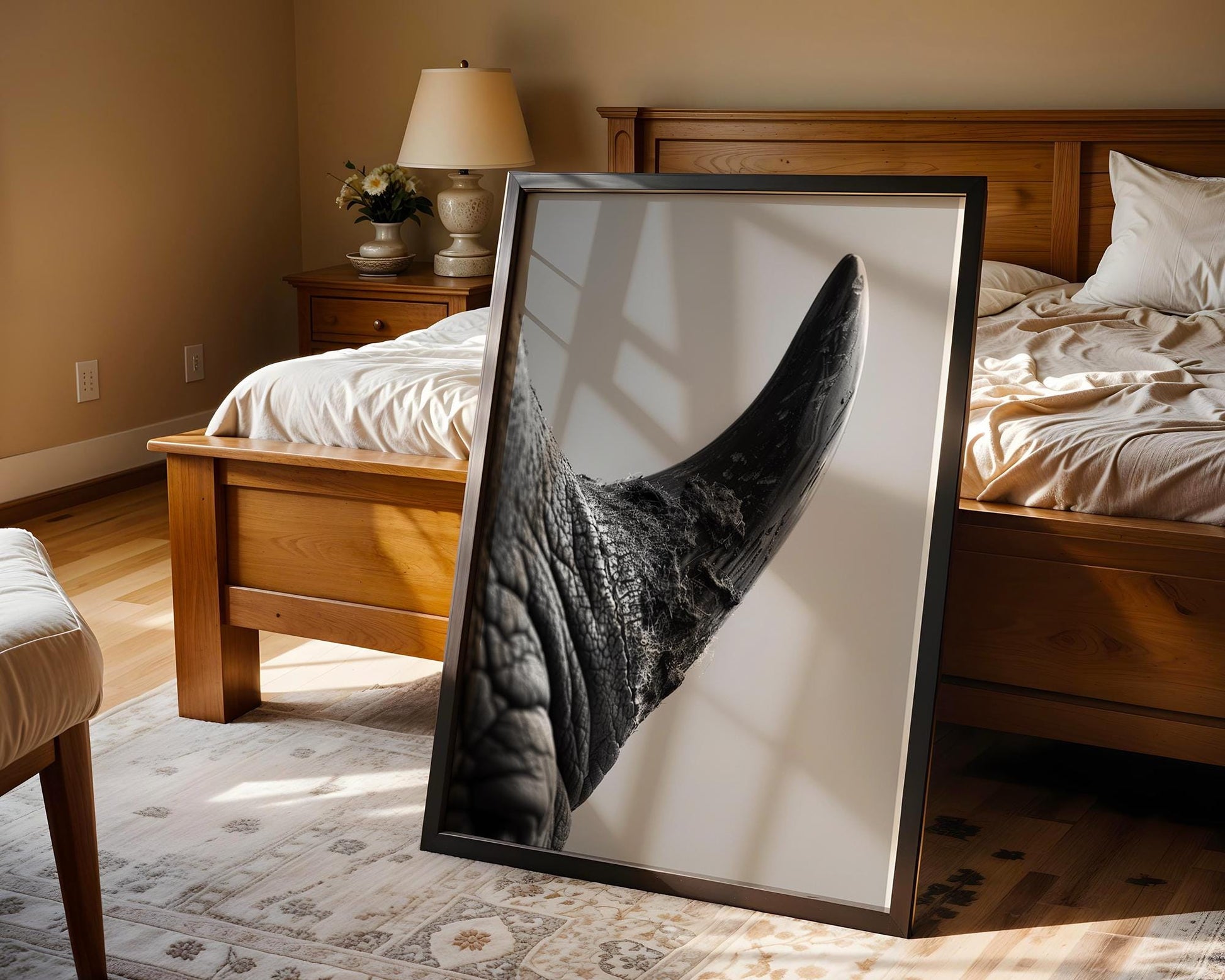 Wildlife Poster | Rhino Horn Fine Art Photography | Modern Scandi Interior Decor wall art print, minimalist black and white poster, modern Scandinavian wall decor, Monohaus