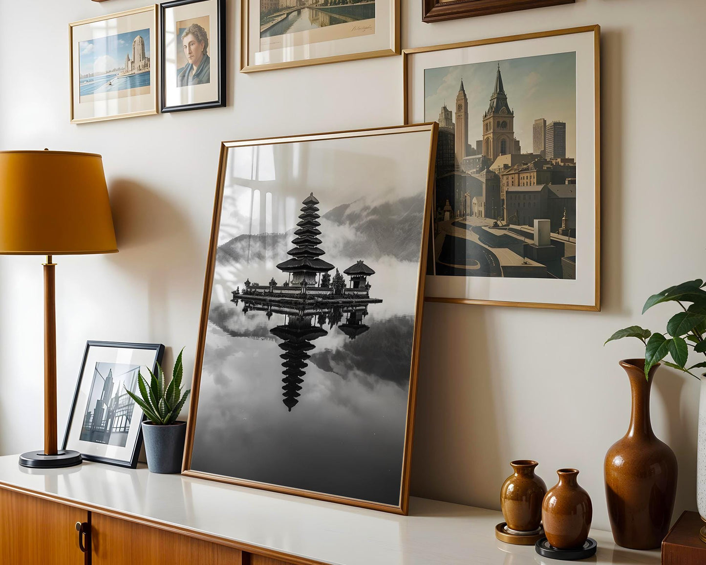 World Landmark | Ulun Danu Temple Bali Print | Black and White Asian Photography wall art print, minimalist black and white poster, modern Scandinavian wall decor, Monohaus