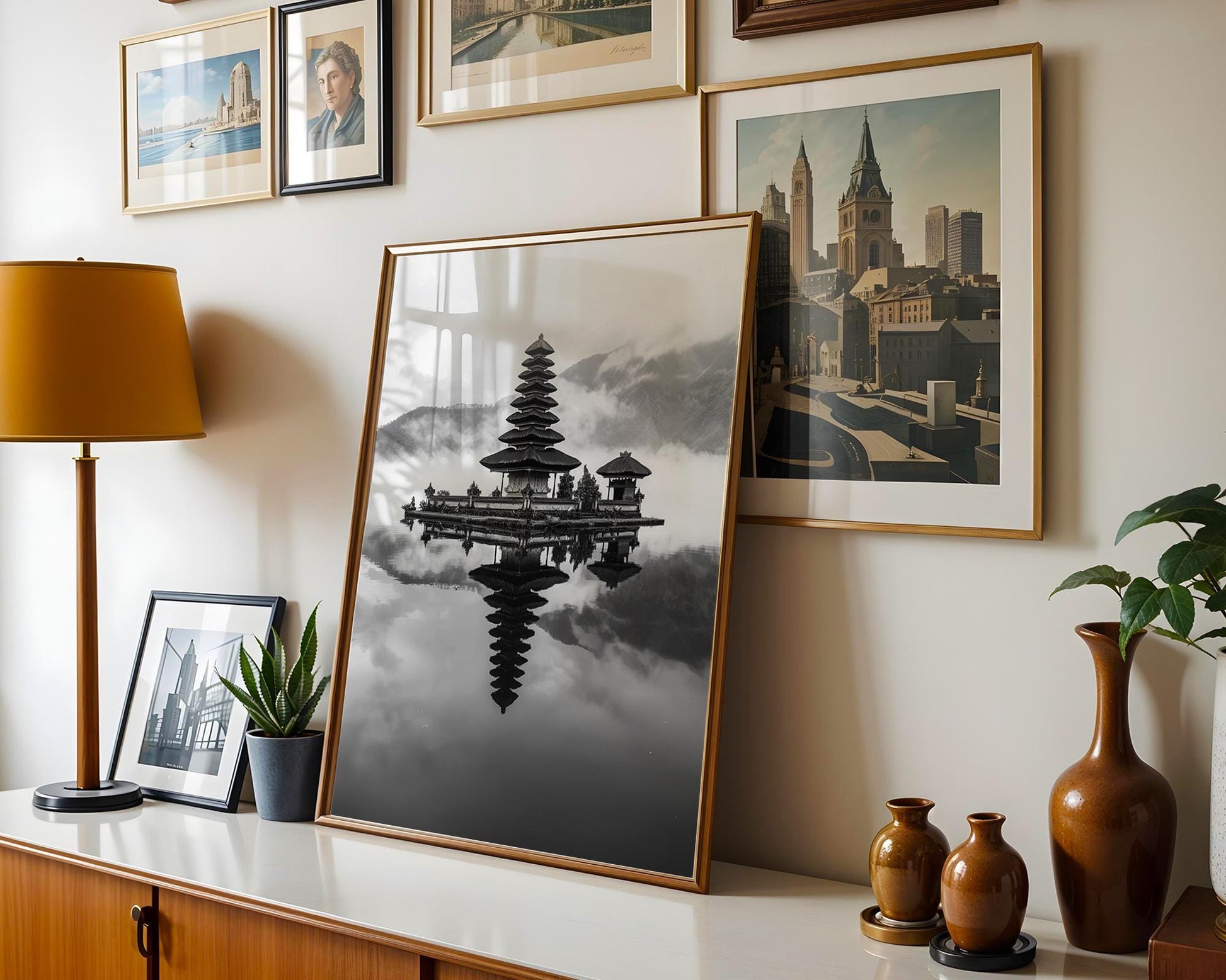 World Landmark | Ulun Danu Temple Bali Print | Black and White Asian Photography wall art print, minimalist black and white poster, modern Scandinavian wall decor, Monohaus