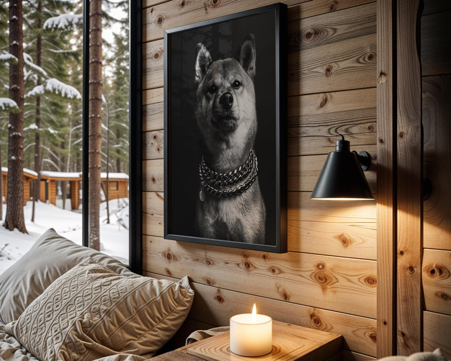 Dog Photography Shiba Inu Portrait Print | Black and White Pet with Chains wall art print, minimalist black and white poster, modern Scandinavian wall decor, Monohaus