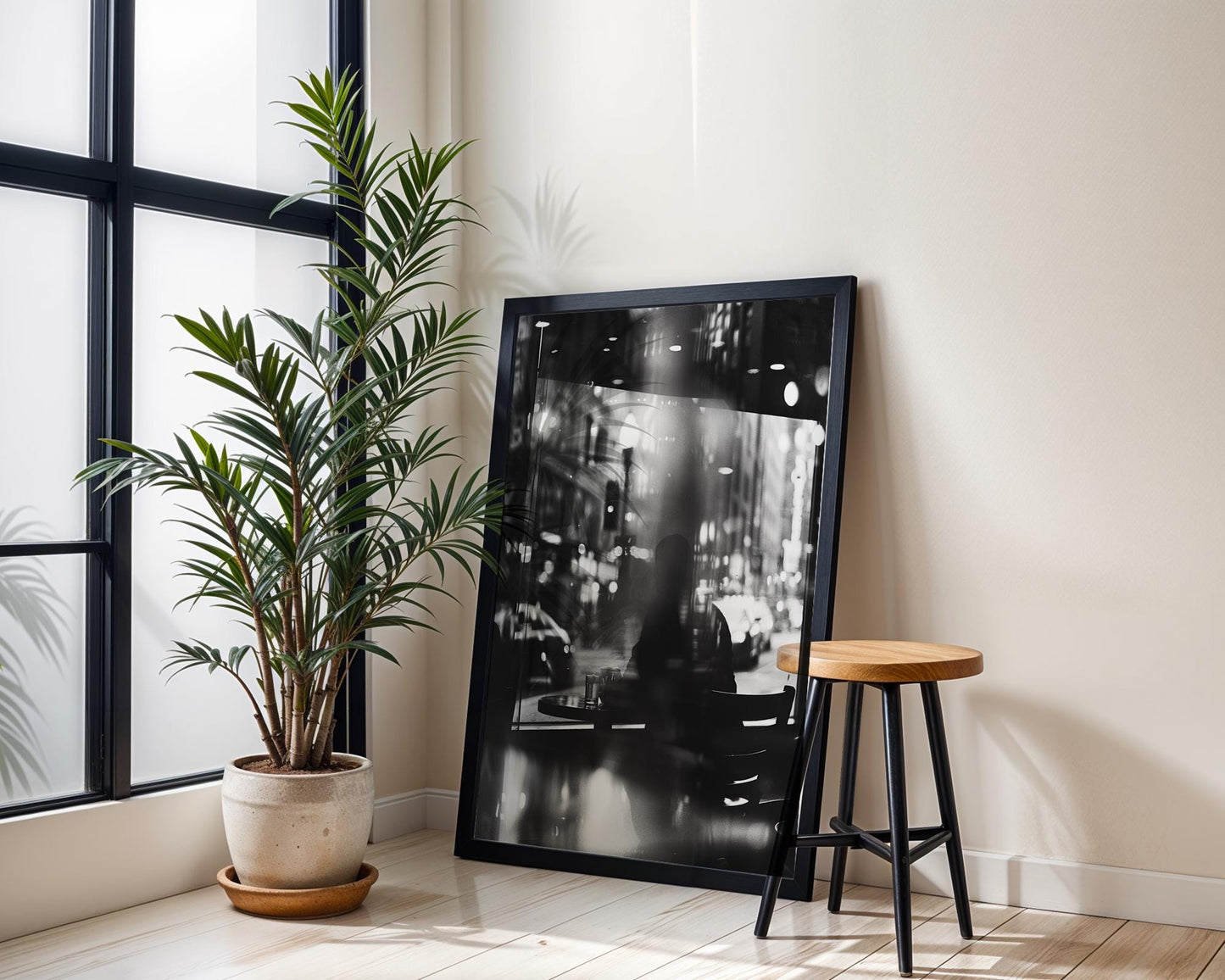 Urban Photography | Cafe Window Black and White Photography Print | Cosy Living Room Decor black and white photo print, minimalist monochrome wall art poster for modern interiors, Monohaus
