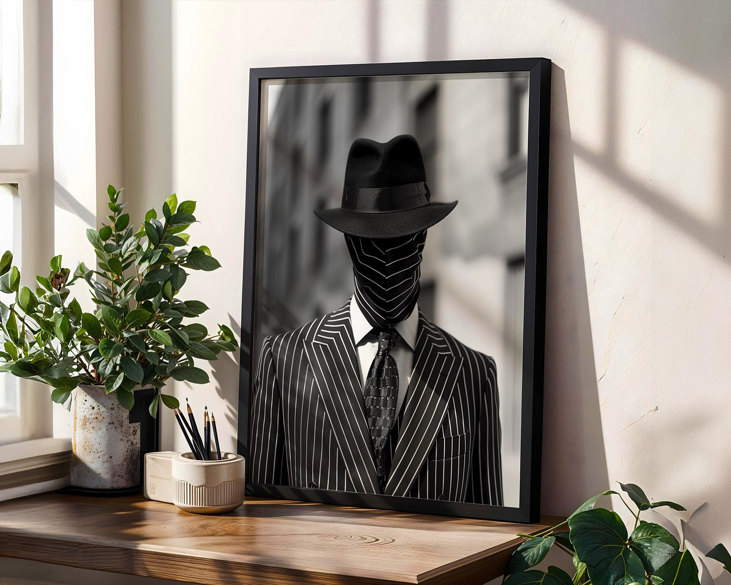 Minimal Wall Art Pinstripe Suit Man Portrait Black and White | Film Noir wall art print, minimalist black and white poster, modern Scandinavian wall decor, Monohaus
