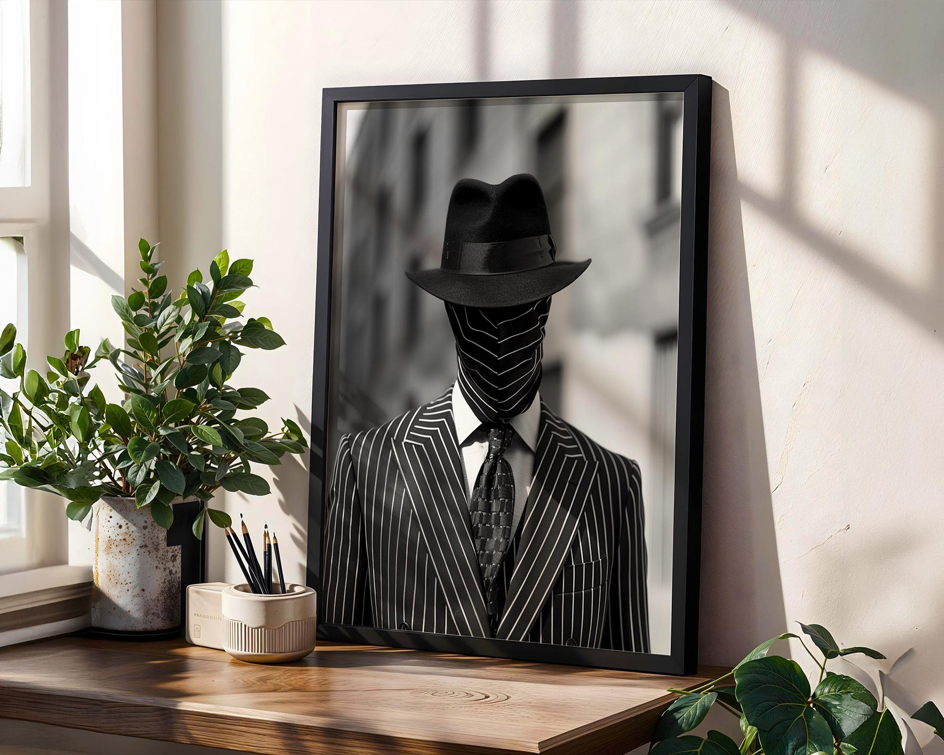 Minimal Wall Art Pinstripe Suit Man Portrait Black and White | Film Noir wall art print, minimalist black and white poster, modern Scandinavian wall decor, Monohaus