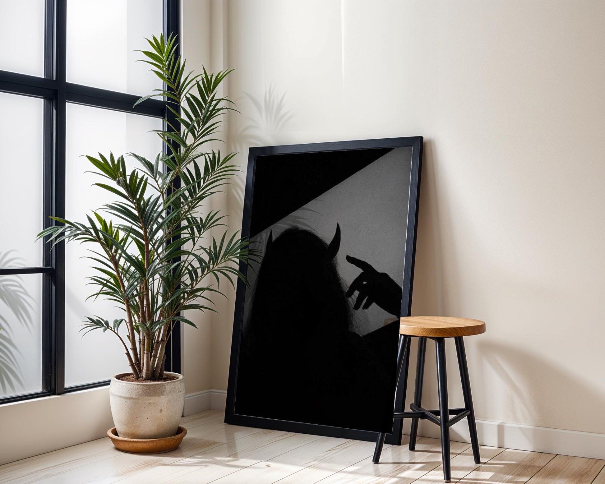 Devil Horns Shadow Print | Gothic Monochrome Wall Art wall art print, minimalist black and white poster, modern Scandinavian wall decor, Monohaus