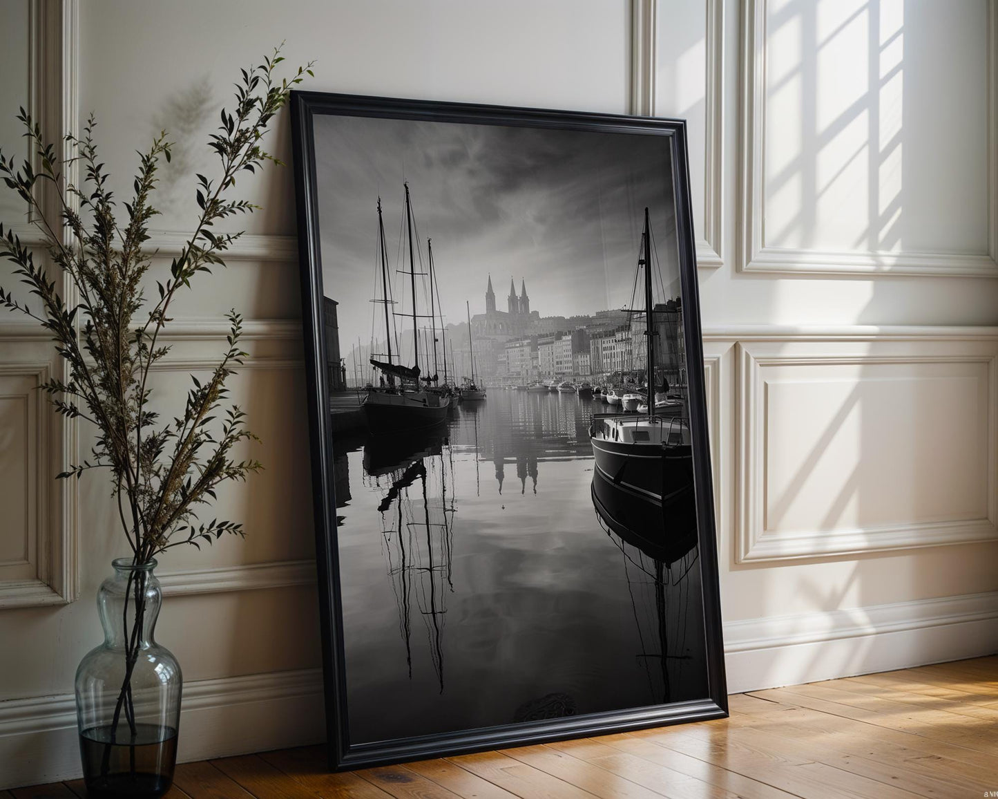 World Landmark | Marseille Old Port Print | Black and White France Photography wall art print, minimalist black and white poster, modern Scandinavian wall decor, Monohaus