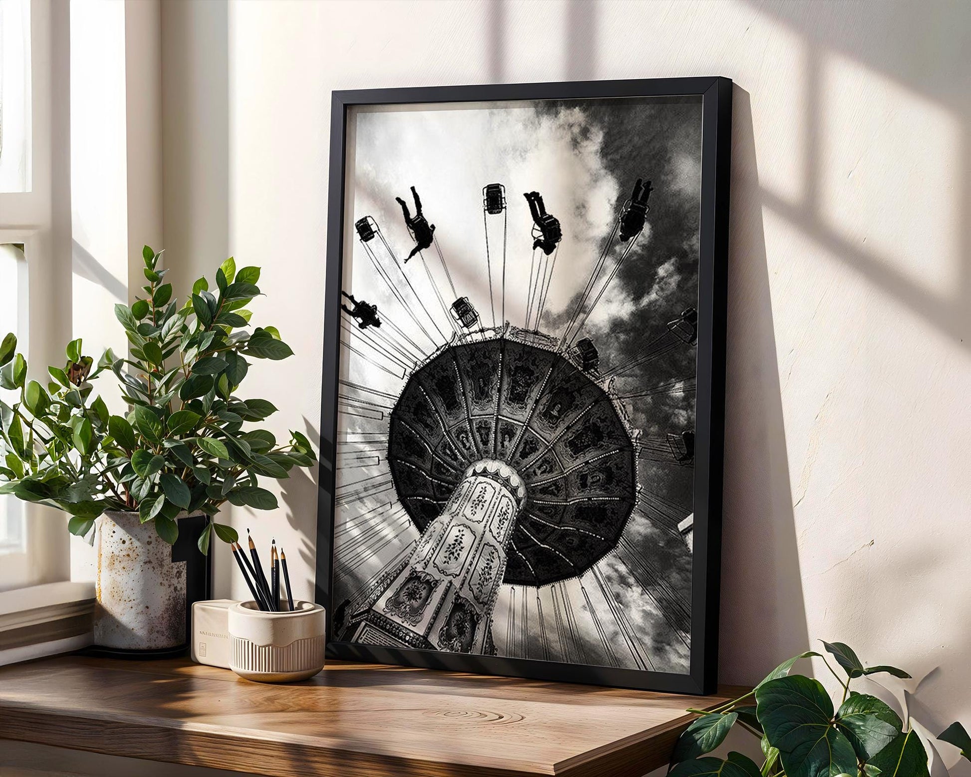 Designer Wall Art | Black and White Swing Ride Photo | Vintage Carnival Art Print wall art print, minimalist black and white poster, modern Scandinavian wall decor, Monohaus