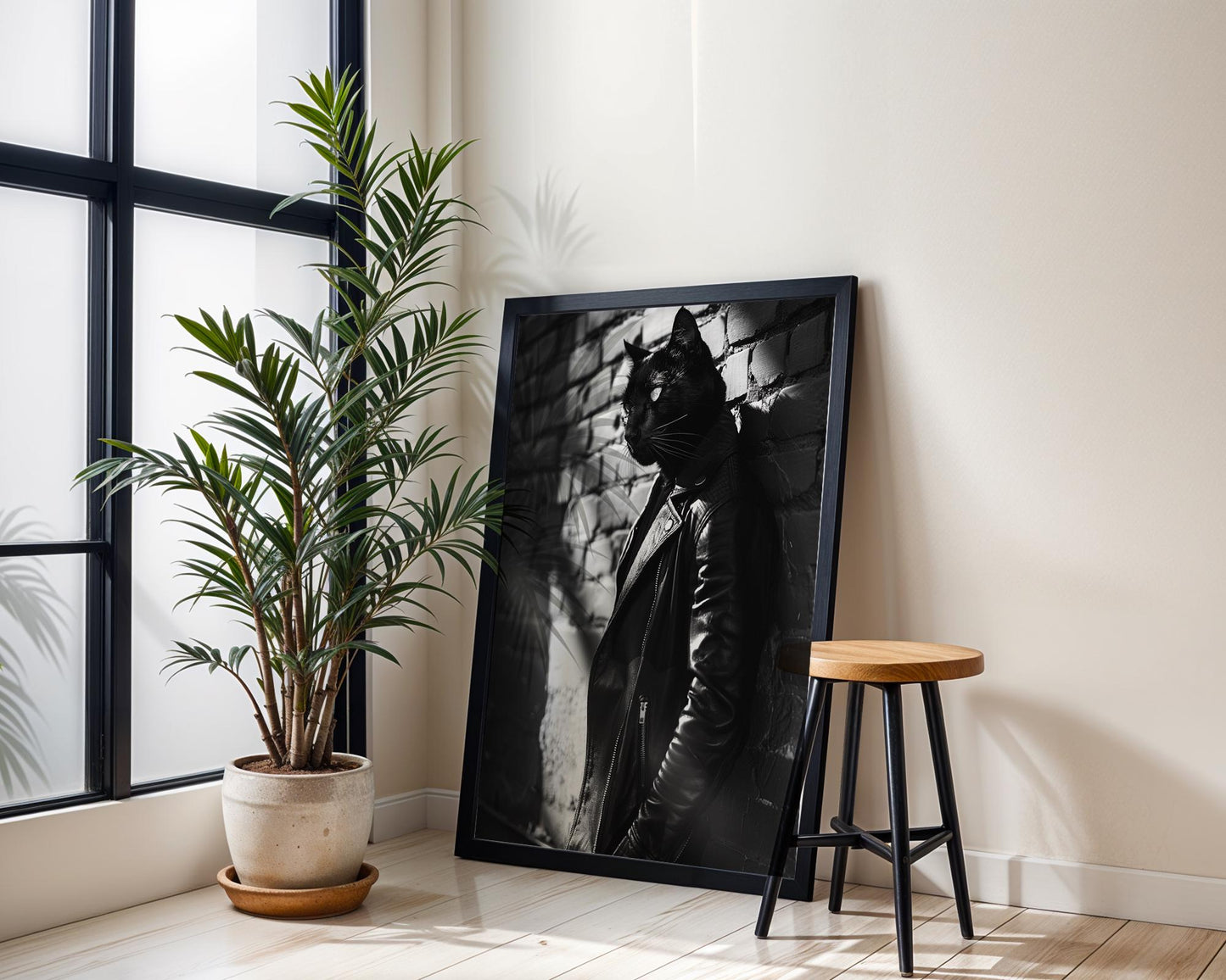 Minimal Wall Art Panther in Leather Jacket Art Print | Black and White Modern Decor wall art print, minimalist black and white poster, modern Scandinavian wall decor, Monohaus