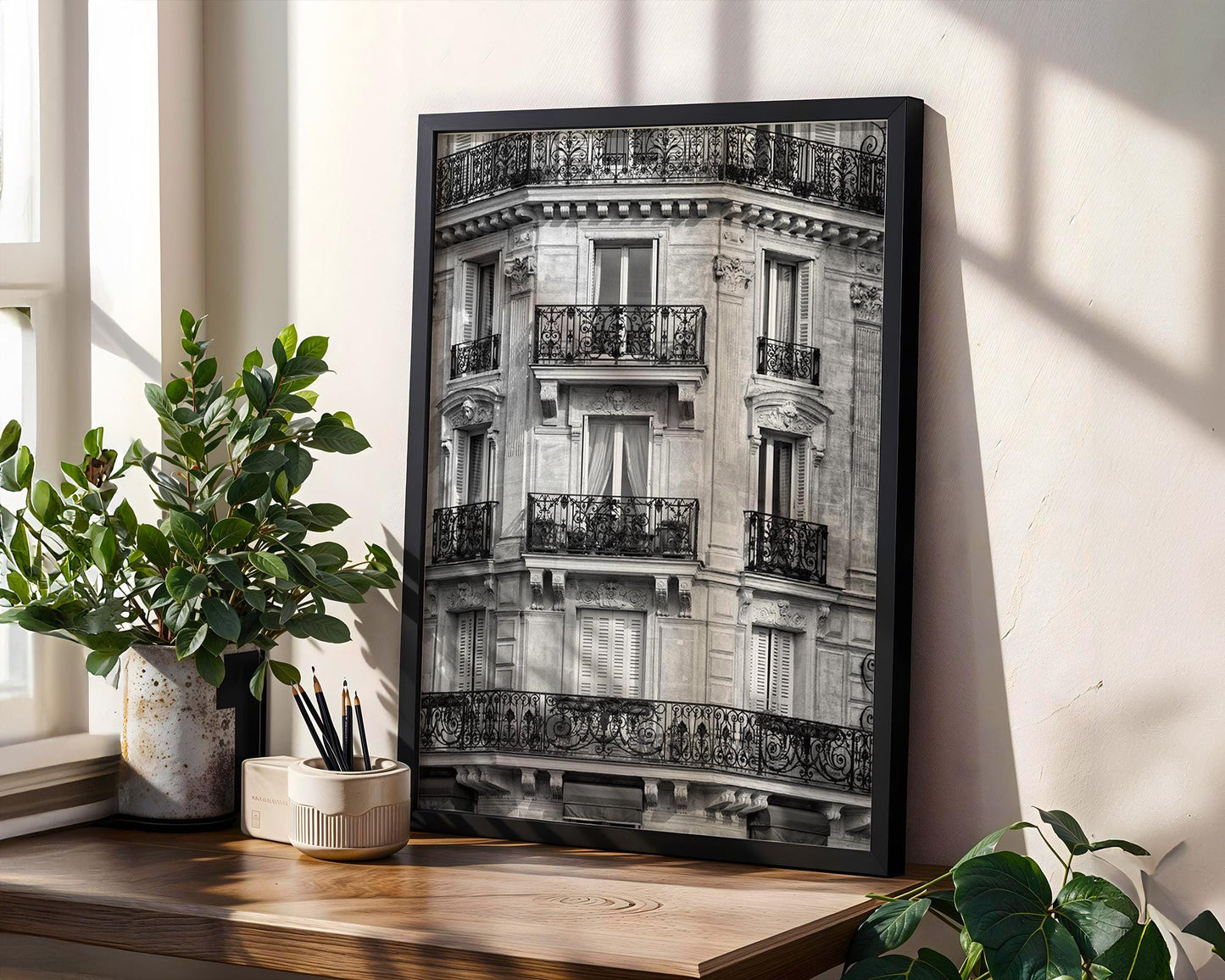 Designer Wall Art | Paris Balcony | Black and White Haussmann Architecture wall art print, black and white architectural poster, minimalist modern Scandinavian wall decor, Monohaus