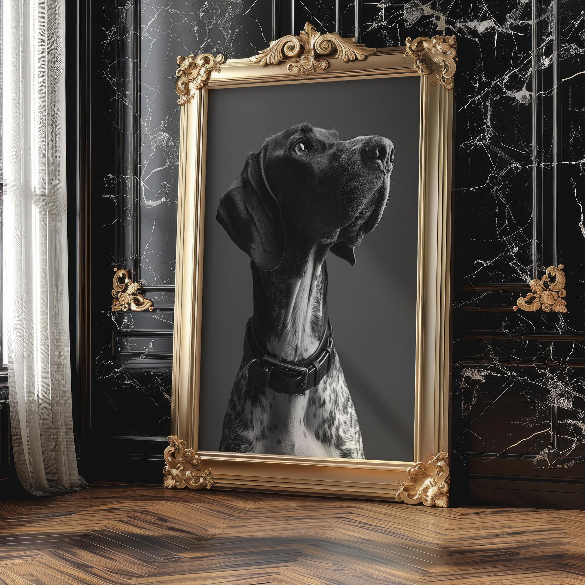 Dog Photography German Shorthaired Pointer Print | Modern Pet Portrait, Studded Collar wall art print, minimalist black and white poster, modern Scandinavian wall decor, Monohaus