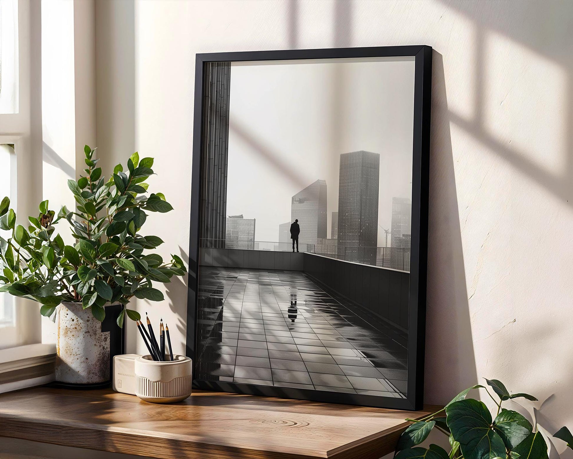 Urban Photography | Cityscape Photography Print | Modern Noir, Rooftop Man wall art print, black and white architectural poster, minimalist modern Scandinavian wall decor, Monohaus