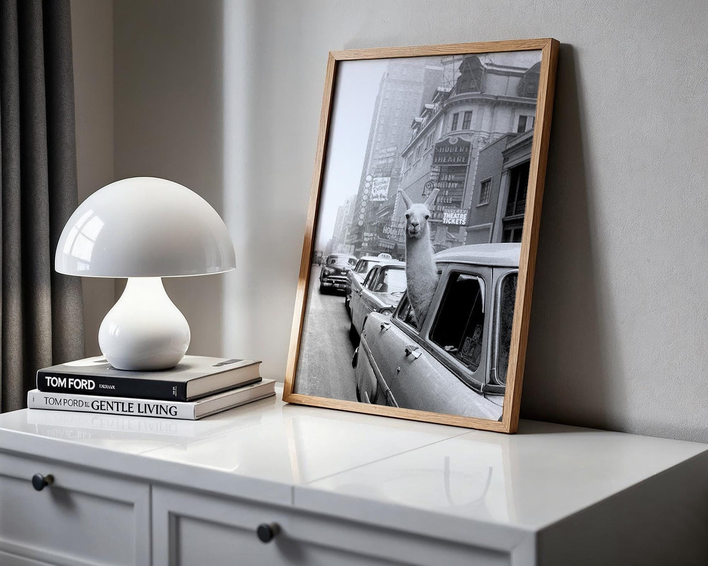 Designer Wall Art | Funny Llama in Car Print | Black and White City Photography wall art print, black and white architectural poster, minimalist modern Scandinavian wall decor, Monohaus